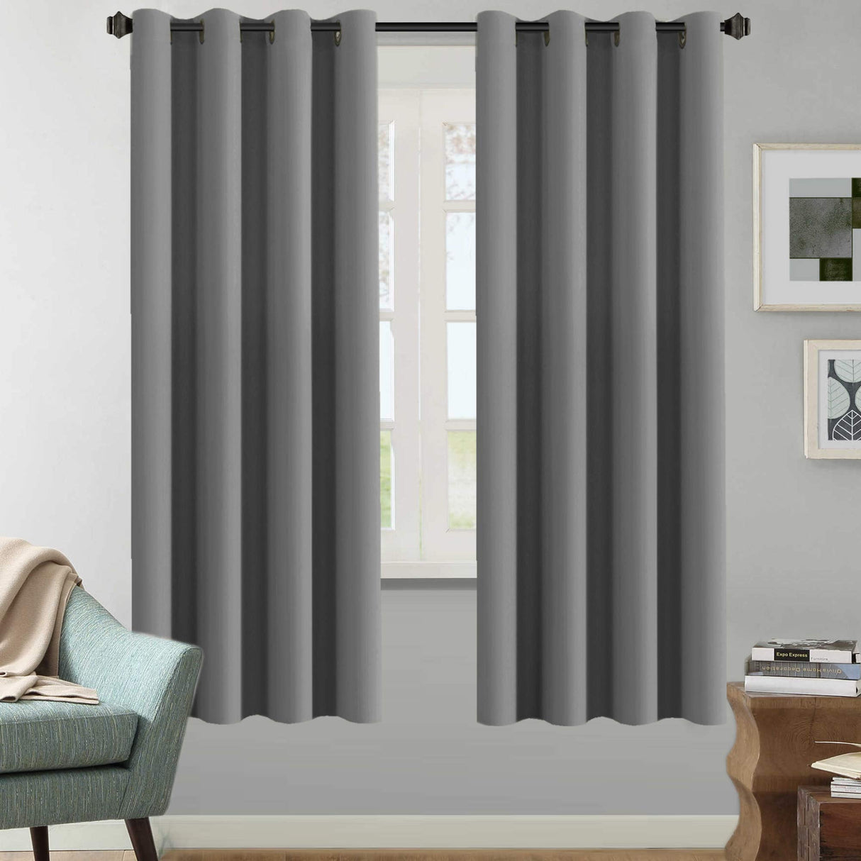PrimeBeau Blackout Grommet Solid Color Curtain Set of 2 Panels, W52" Short