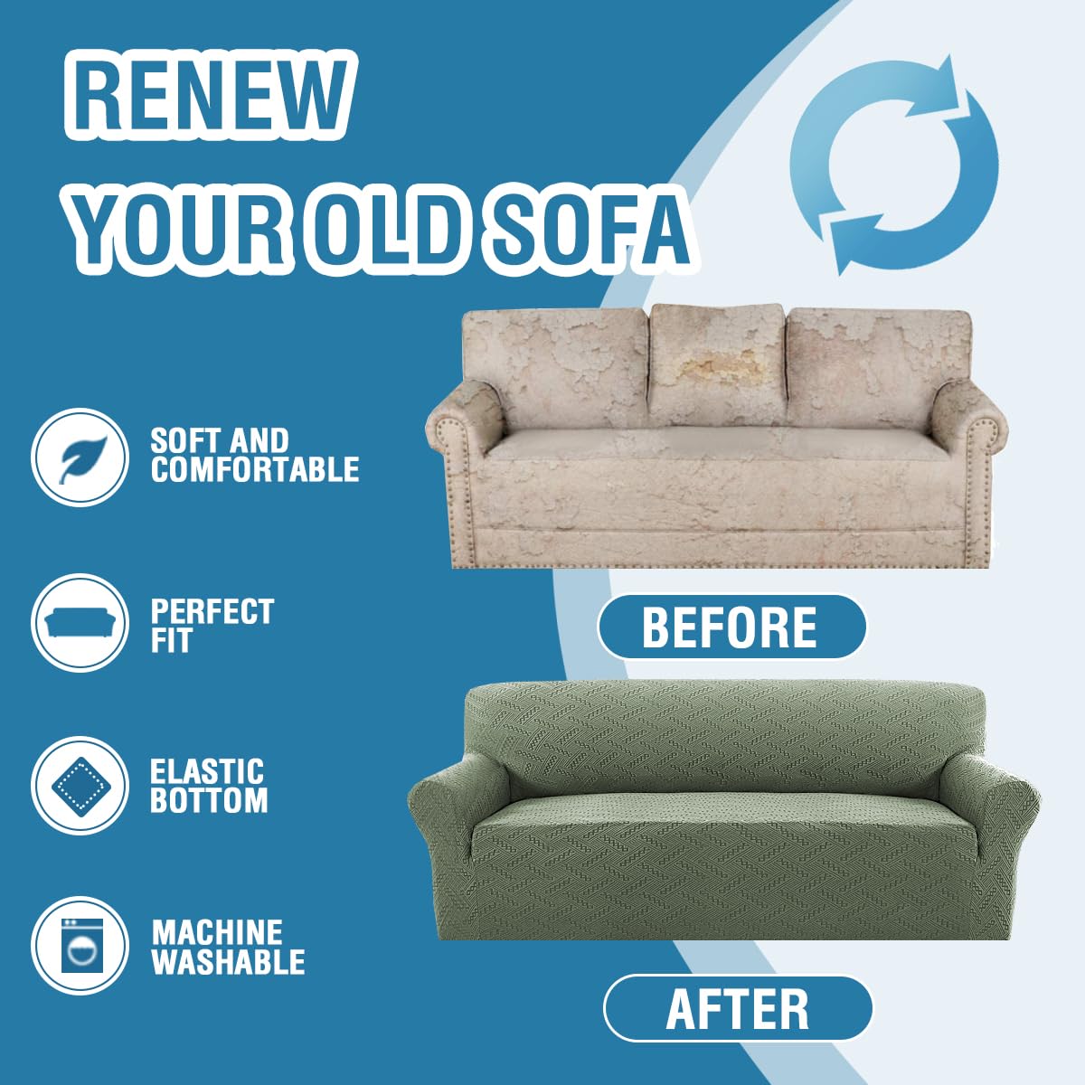 H.VERSAILTEX 2024 Newest Jacquard Couch Covers for 3 Cushion Couch 1 Piece Stretch Sofa Covers Furniture Protector Anti-Slip Soft Thickened Dogs Slipcovers Washable Wind Bell Pattern(Sofa, Sea Grass)