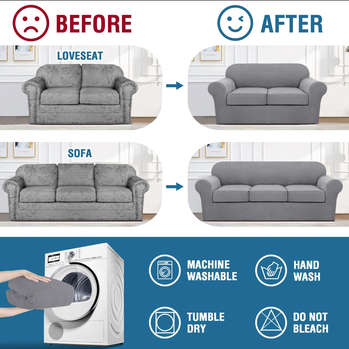 PrimeBeau Couch Cover Sets for Sofa Plus Loveseat, Stretch 4 Piece Sofa Covers for 3 Cushion Couch/3 Piece Loveseat Covers for 2 Cushion Couch with Thicker Jacquard Fabric(Total 7 Pieces)