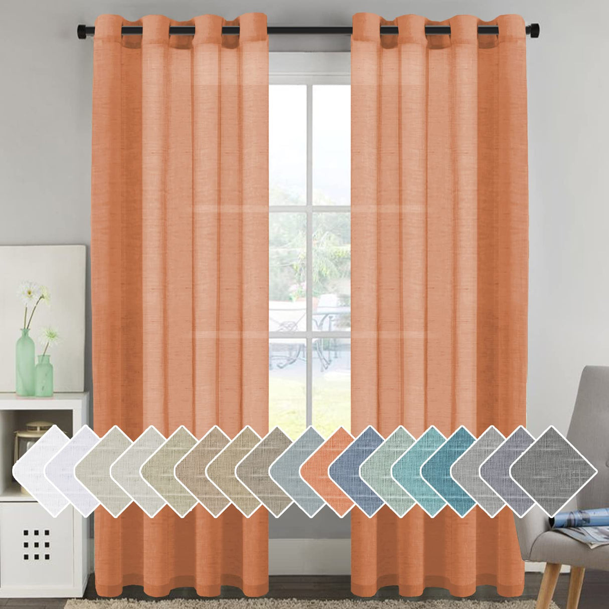 PrimeBeau Faux Linen Grommet Sheer Curtains - Set of 2 Panels 52 Series Long