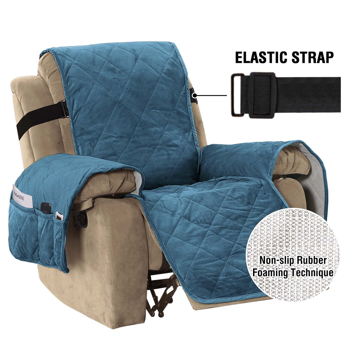 H.VERSAILTEX Thick Velvet Recliner Covers for Recliner Chair Covers Reclining Chair Slipcover Recliner Couch Cover with Non Slip Backing and Wider Elastic Strap (Oversaized Recliner, Peacock Blue)
