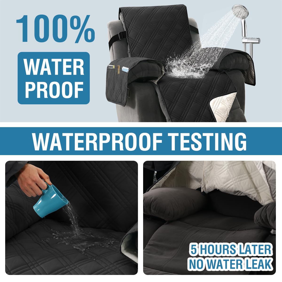 H.VERSAILTEX 100% Waterproof Couch Covers for Reclining Couches Reversible Recliner Chair Covers Furniture Protector with Elastic Straps for Pets Kids Sitting Width Up to 23" (Recliner, Black/Beige)