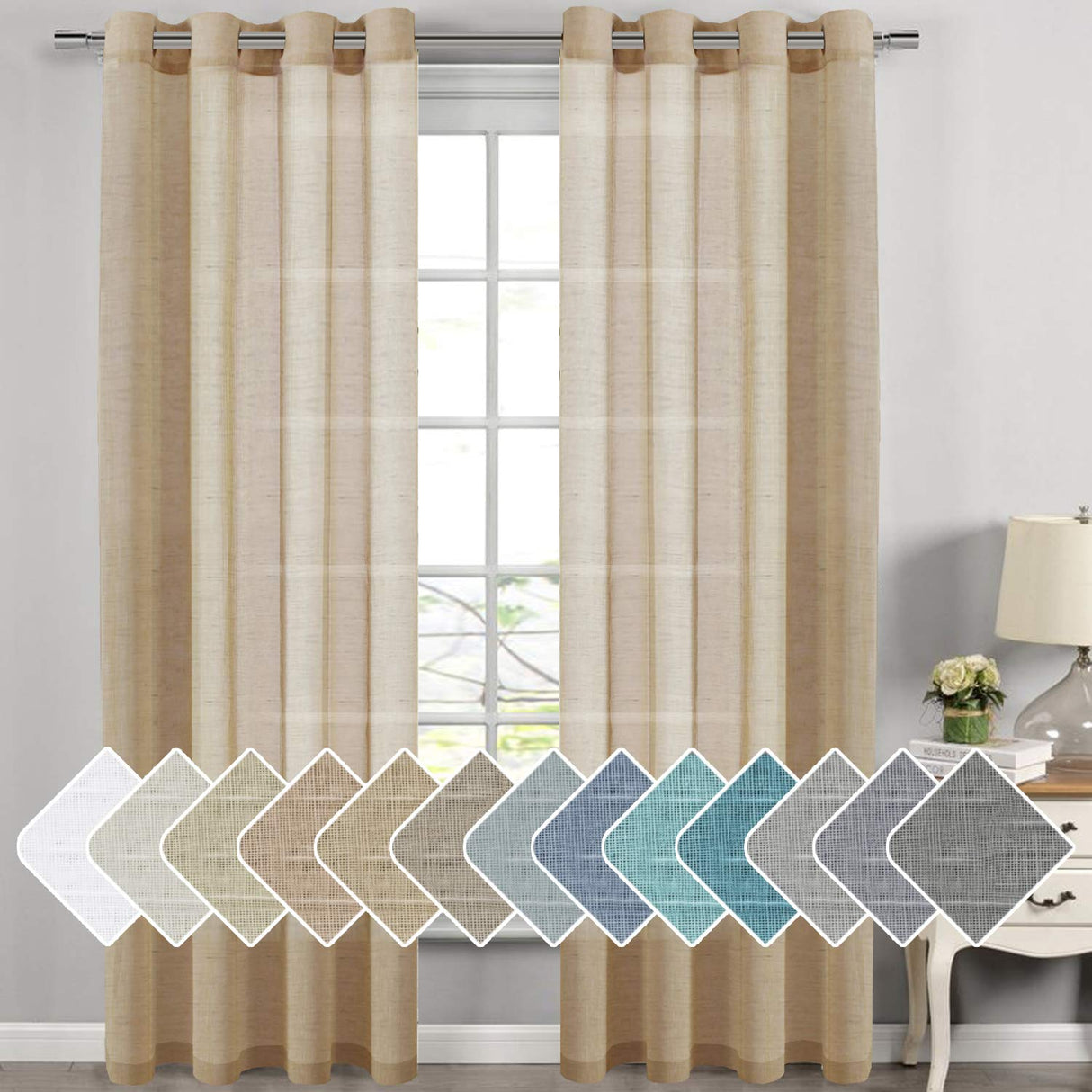 PrimeBeau Faux Linen Grommet Sheer Curtains - Set of 2 Panels 52 Series Long