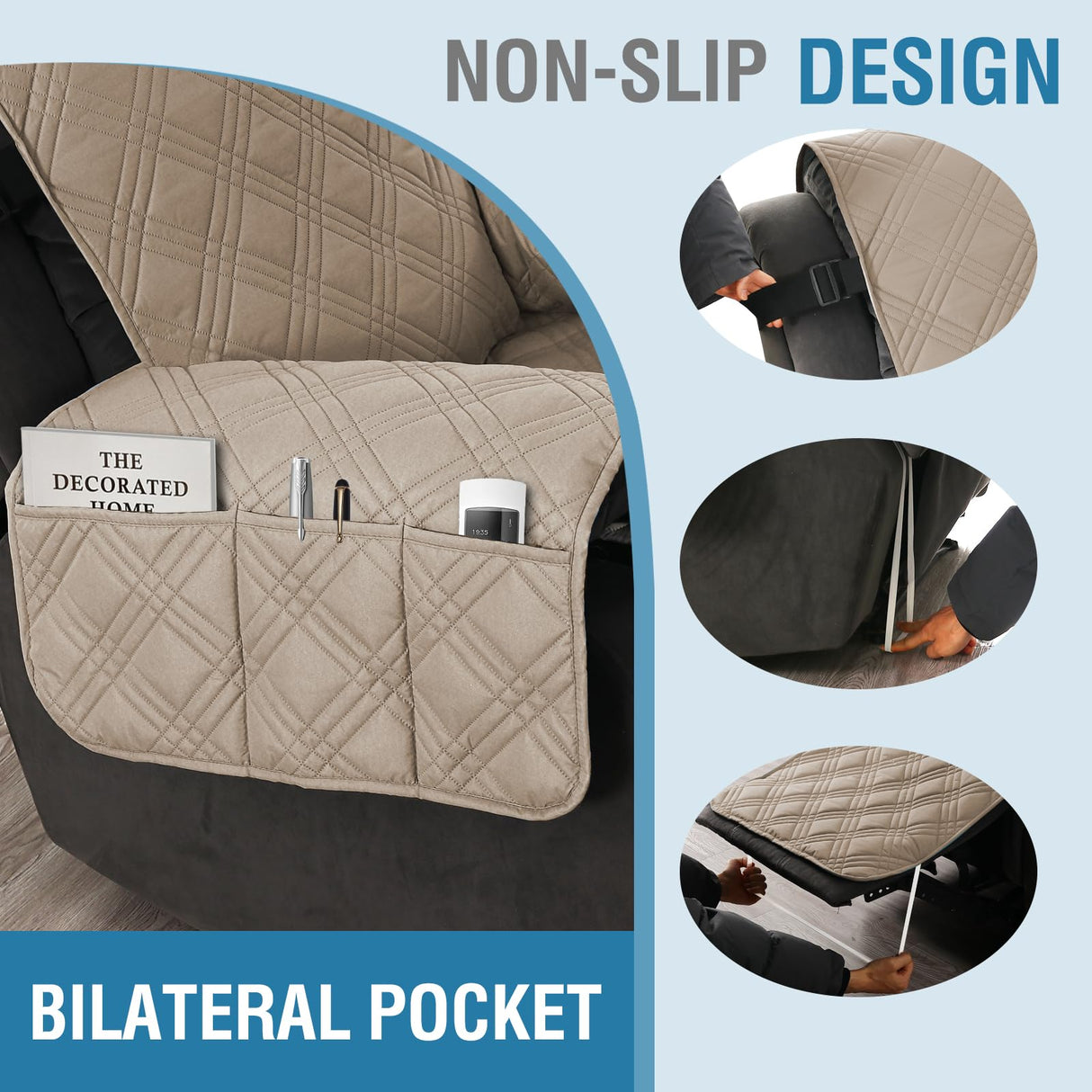 H.VERSAILTEX 100% Waterproof Recliner Covers 1-Piece Reversible Lazy Boy Recliner Covers Recliner Covers Stay in Place with Elastic Straps for Pets Kids Sitting Width Up to 23" (Recliner, Taupe/Beige)