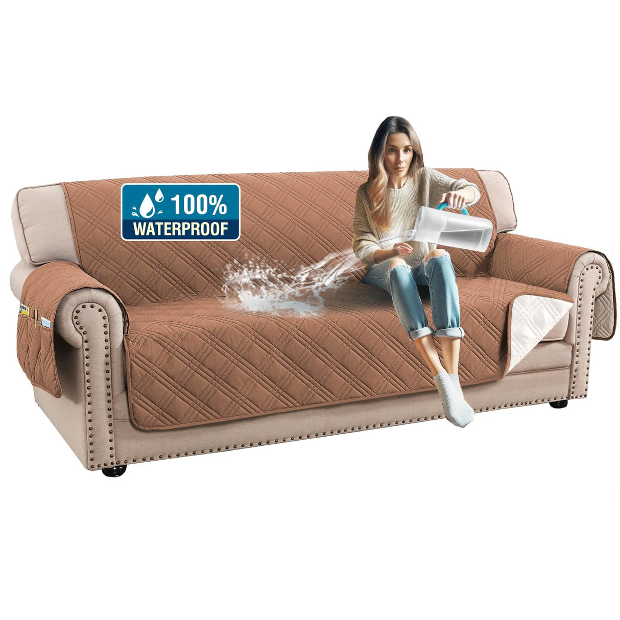 PrimeBeau 100% Waterproof Sofa Covers Washable,Thick Soft Couch Cover for Dogs with Elastic Straps (Sofa & Oversize Sofa, Diamond Shape)