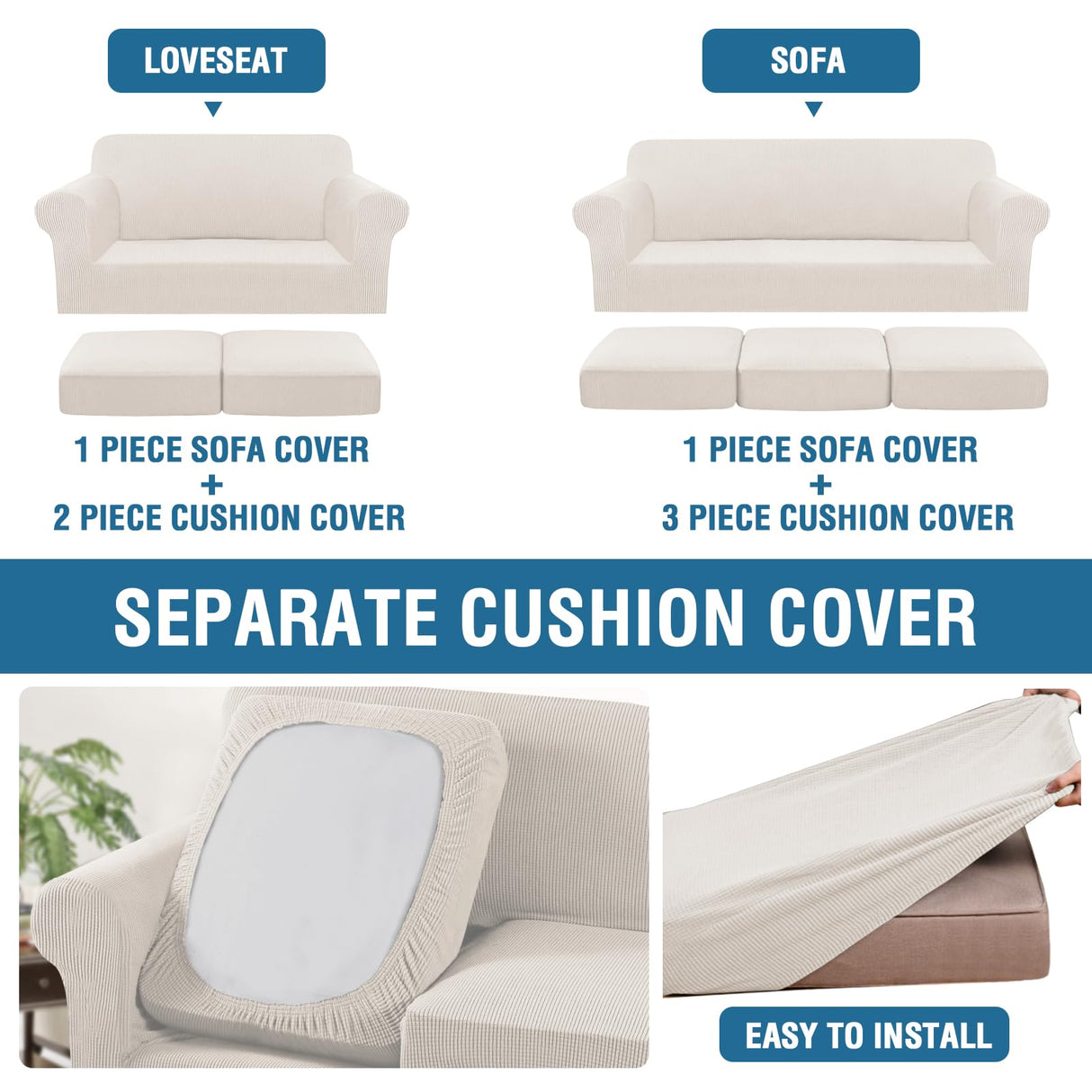 PrimeBeau Couch Cover Sets for Sofa Plus Loveseat, Stretch 4 Piece Sofa Covers for 3 Cushion Couch/3 Piece Loveseat Covers for 2 Cushion Couch with Thicker Jacquard Fabric(Total 7 Pieces)