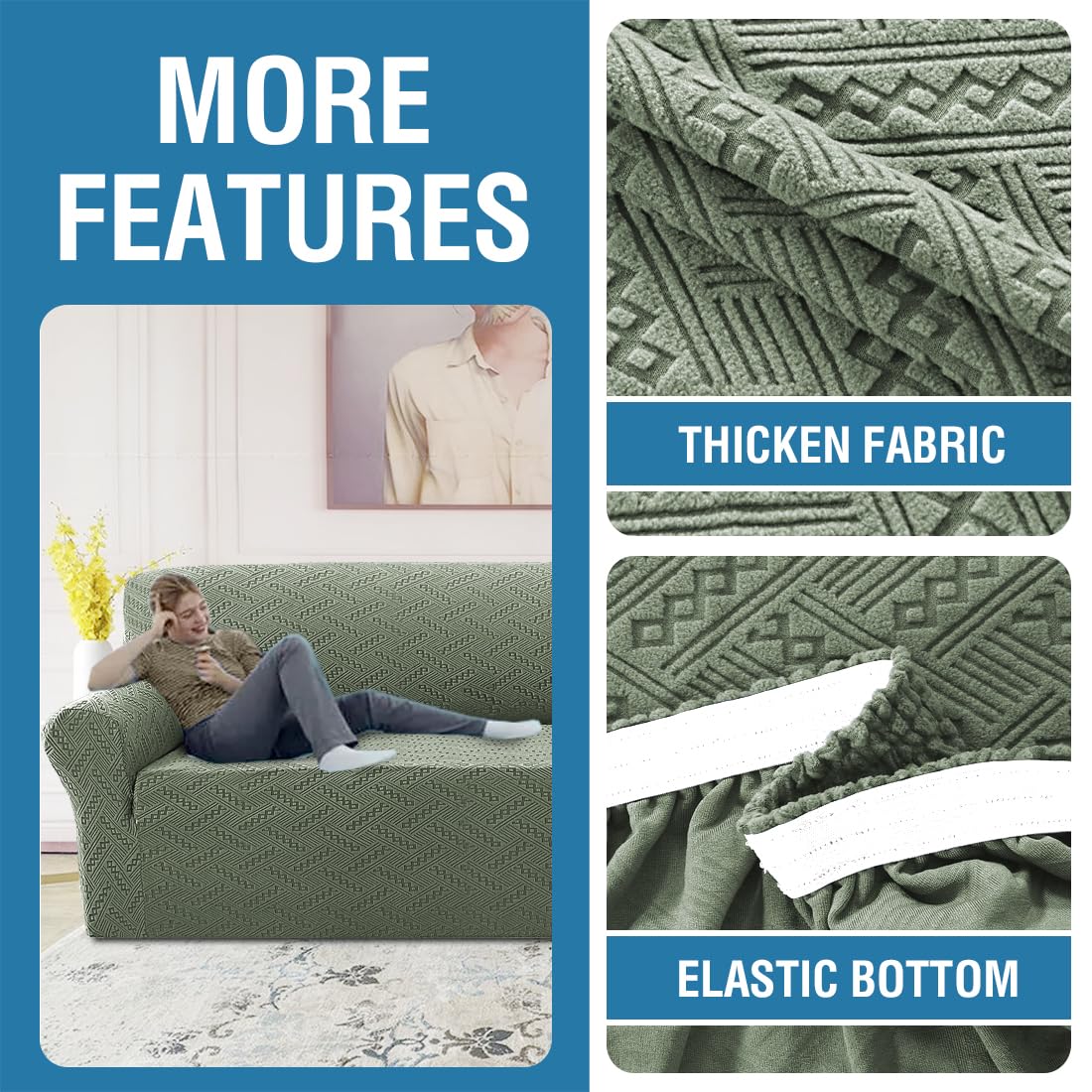 H.VERSAILTEX 2024 Newest Jacquard Couch Covers for 3 Cushion Couch 1 Piece Stretch Sofa Covers Furniture Protector Anti-Slip Soft Thickened Dogs Slipcovers Washable Wind Bell Pattern(Sofa, Sea Grass)