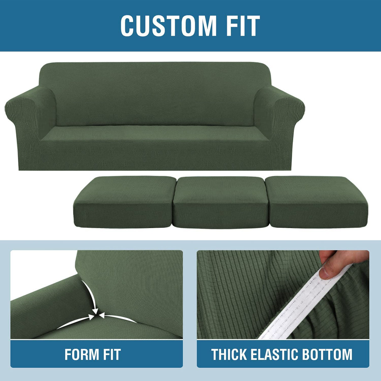 H.VERSAILTEX 4 Piece Stretch Sofa Covers for 3 Cushion Couch Covers for Living Room Furniture Slipcovers (Base Cover Plus 3 Seat Cushion Covers) Thicker Jacquard Fabric (XL Sofa, Bronze Green)