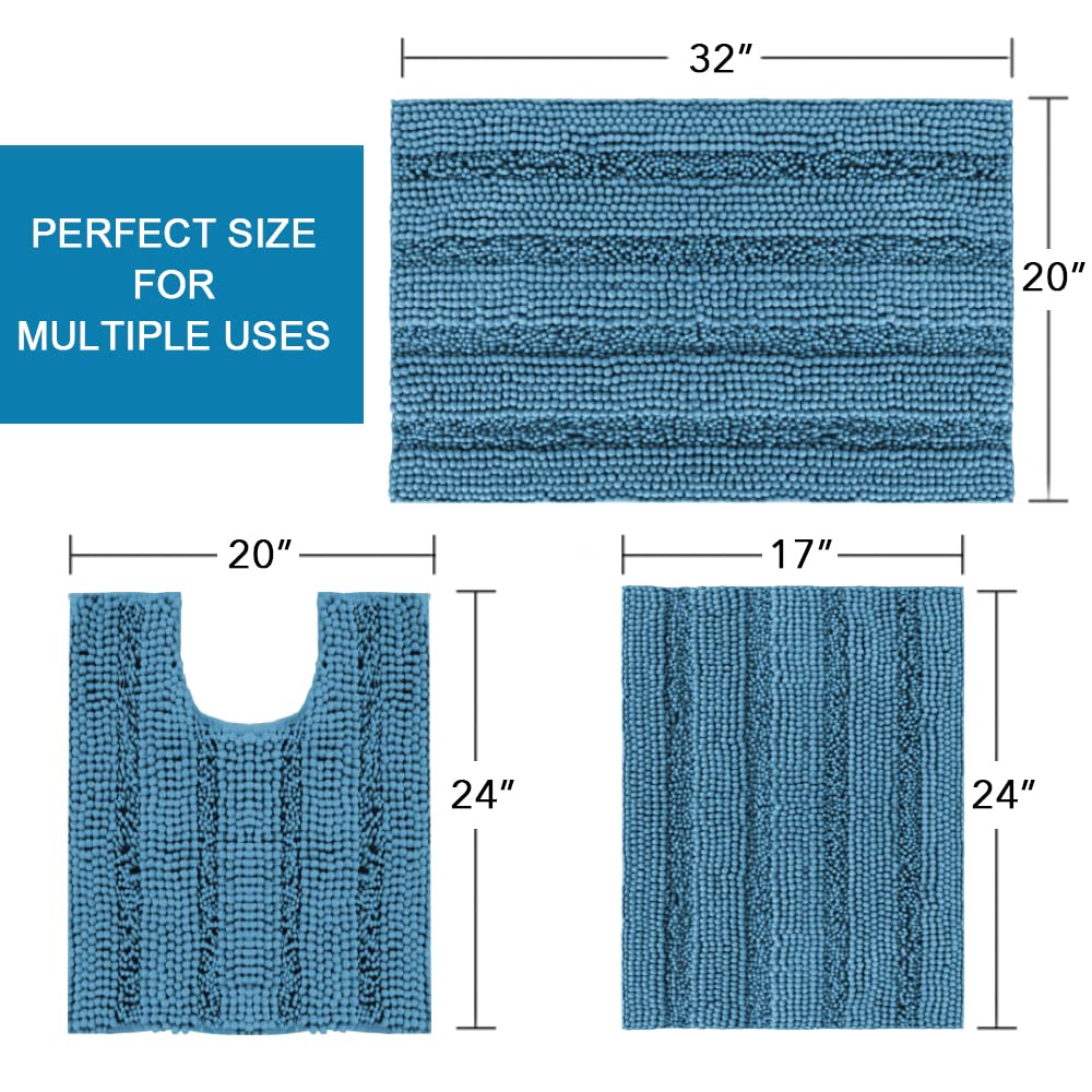 PrimeBeau 3 Piece Thick Striped Bathroom Rugs Set Non Slip Absorbent Soft Bath Mat (17''x24''+20''x32''+20''x24'' U-Shaped)