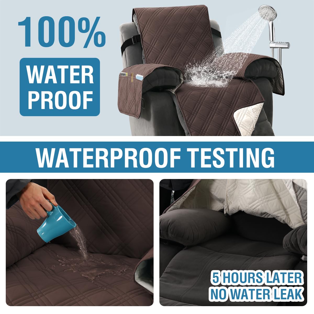 H.VERSAILTEX 100% Waterproof Oversized Recliner Cover 1-Piece Reversible Recliner Covers for Large Recliner with Elastic Straps Sitting Width Up to 28" (Oversized Recliner, Brown/Beige)