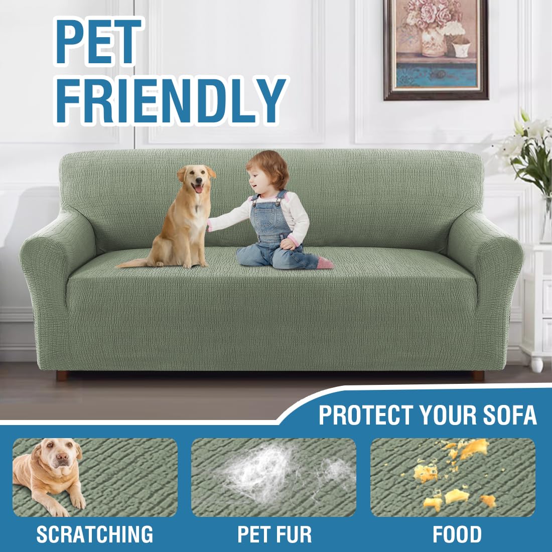 H.VERSAILTEX 2024 Newest Jacquard Couch Covers for 3 Cushion Couch 1 Piece Stretch Sofa Covers Furniture Protector Anti-Slip Soft Thickened Dogs Slipcovers Washable Crizzle Pattern(Sofa, Sea Grass)