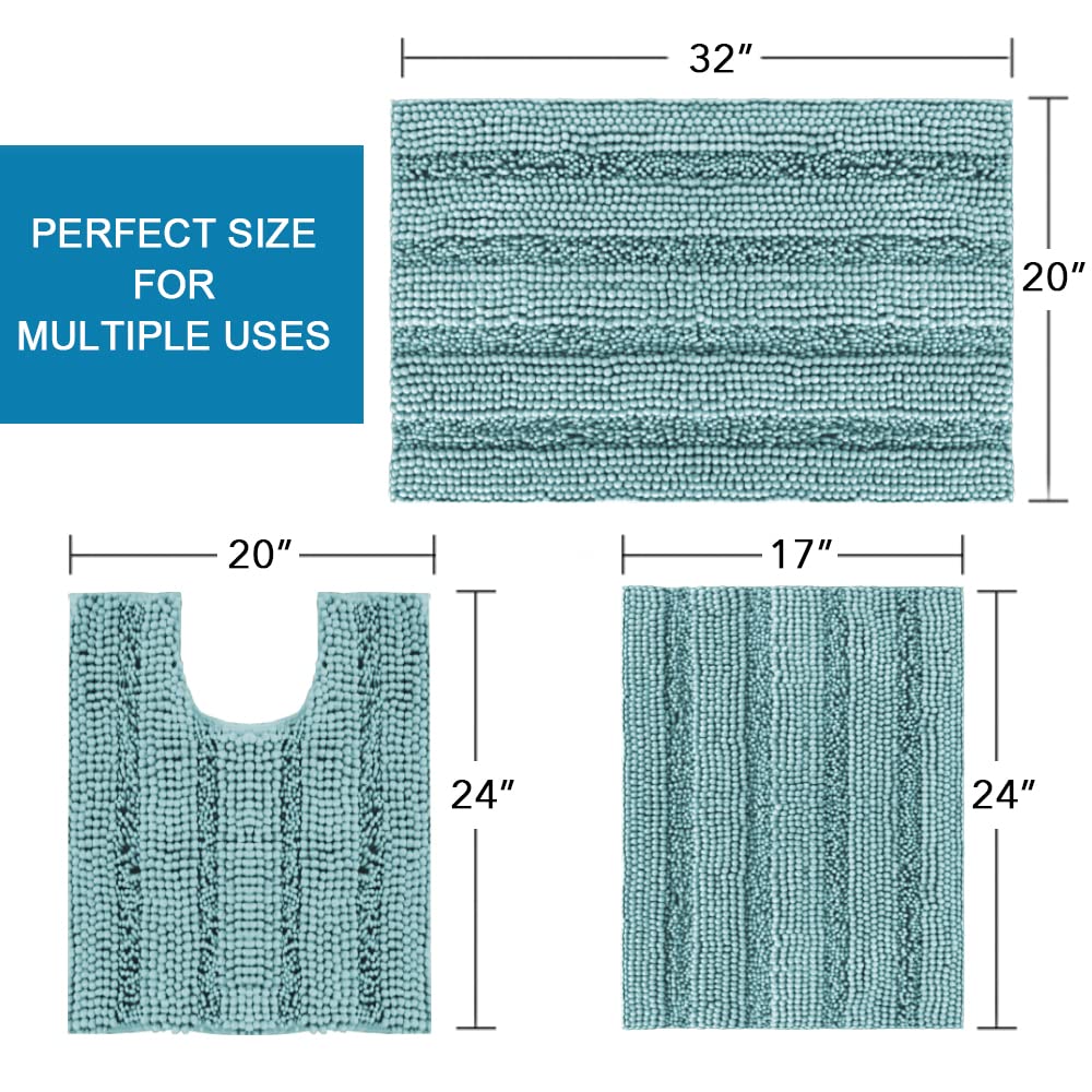 PrimeBeau 3 Piece Thick Striped Bathroom Rugs Set Non Slip Absorbent Soft Bath Mat (17''x24''+20''x32''+20''x24'' U-Shaped)
