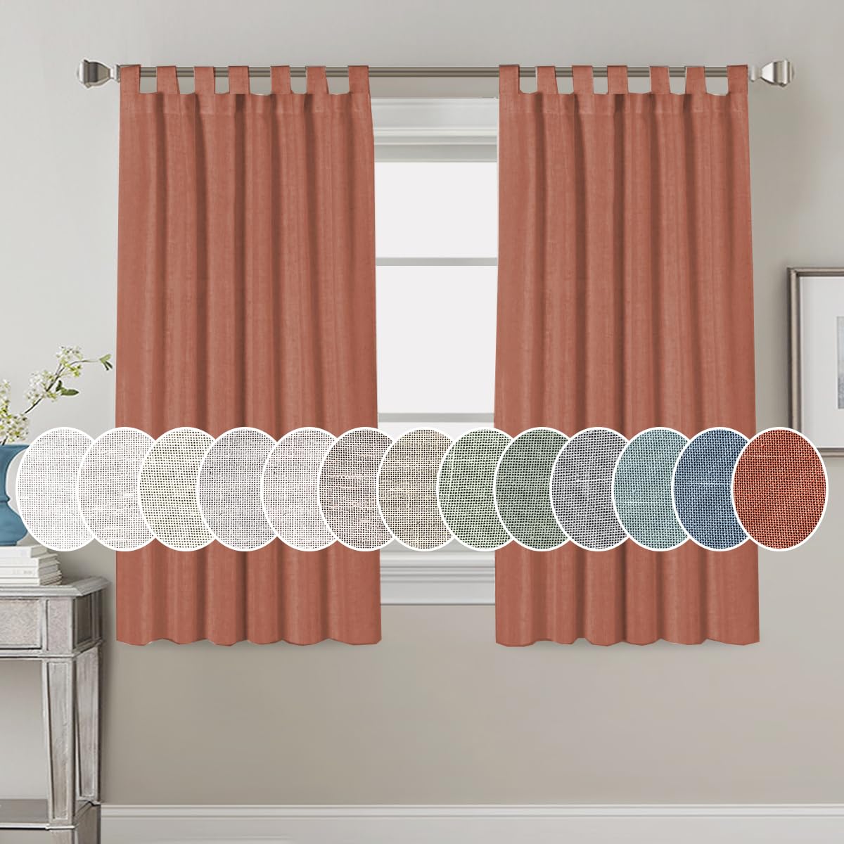 PrimeBeau Natural Linen Mix Tab Top Curtains, Light Filtering Panels (Set of 2)