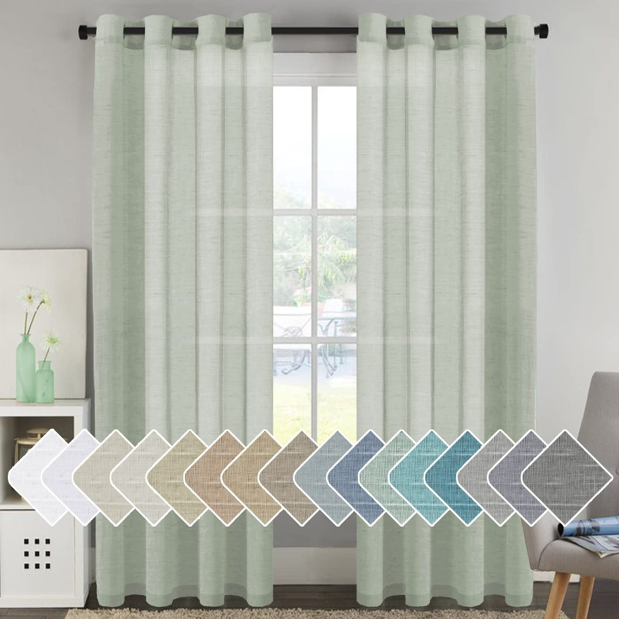 PrimeBeau Faux Linen Grommet Sheer Curtains - Set of 2 Panels 52 Series Long