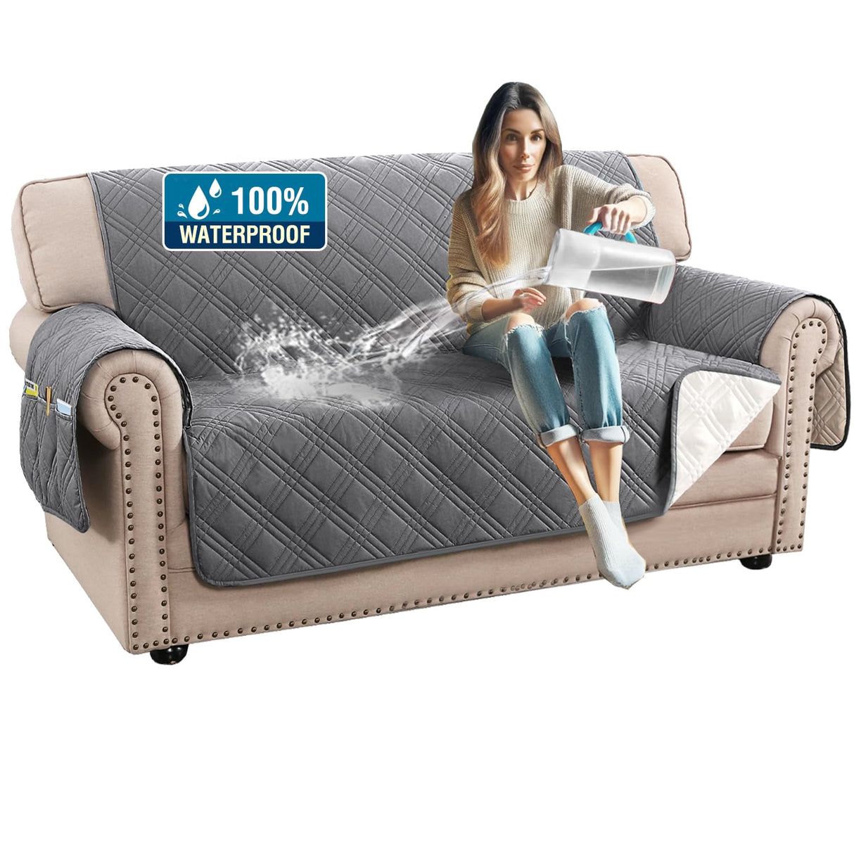 PrimeBeau 100% Waterproof Loveseat Covers Washable,Thick Soft Couch Cover for Dogs with Elastic Straps (Loveseat, Diamond Shape)