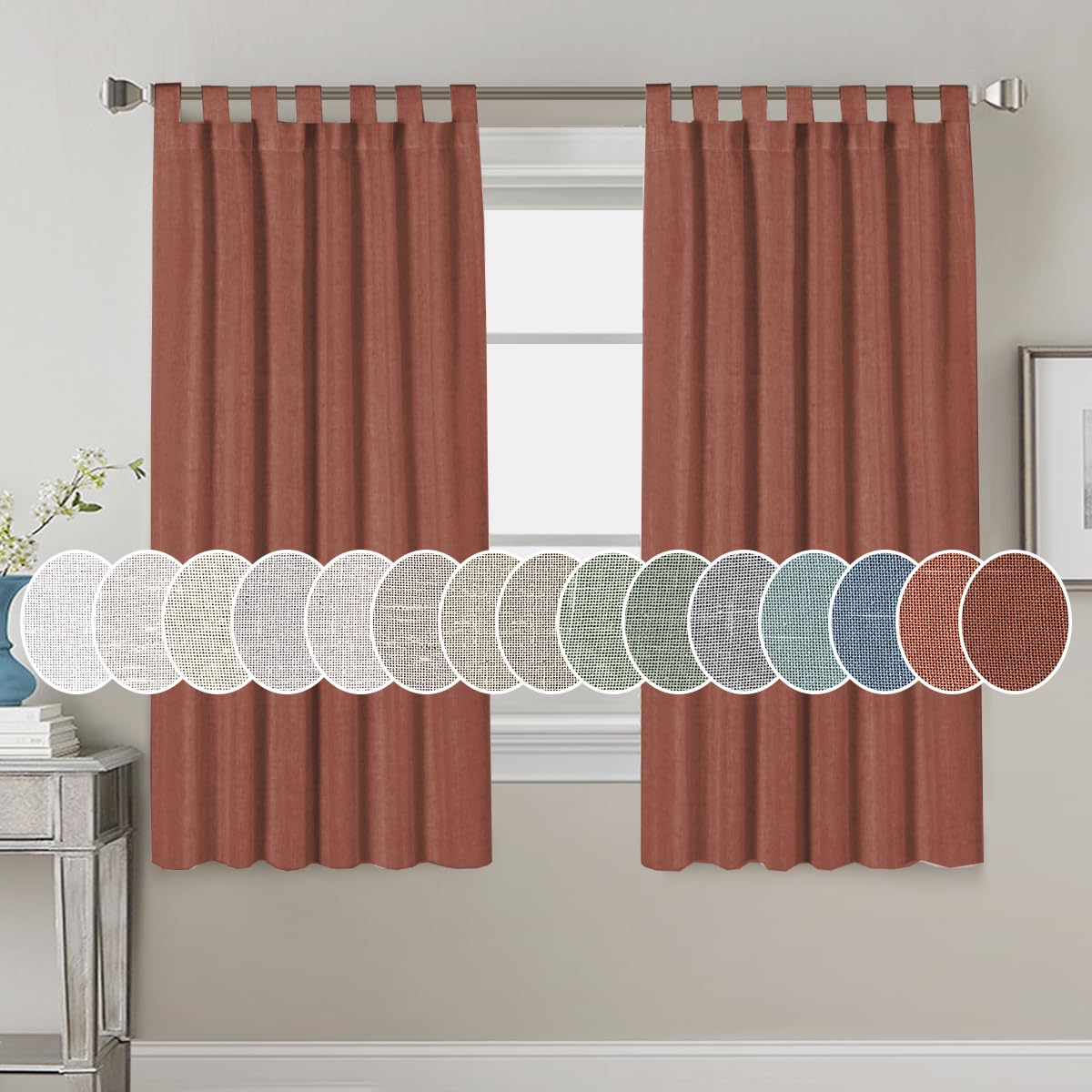 PrimeBeau Natural Linen Mix Tab Top Curtains, Light Filtering Panels (Set of 2)