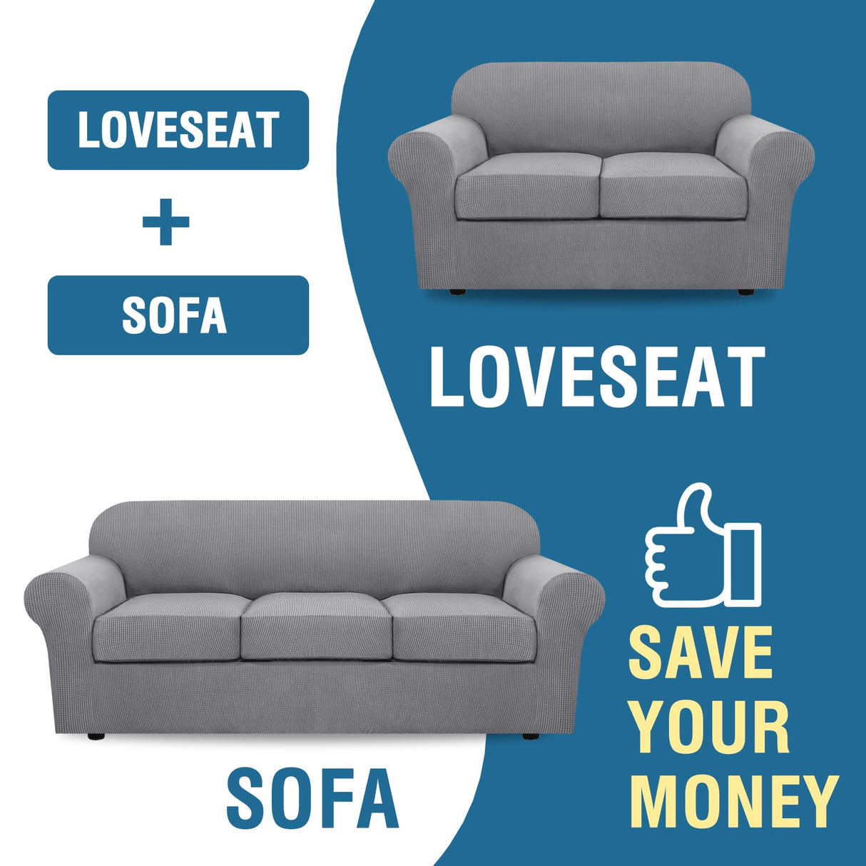 PrimeBeau Couch Cover Sets for Sofa Plus Loveseat, Stretch 4 Piece Sofa Covers for 3 Cushion Couch/3 Piece Loveseat Covers for 2 Cushion Couch with Thicker Jacquard Fabric(Total 7 Pieces)