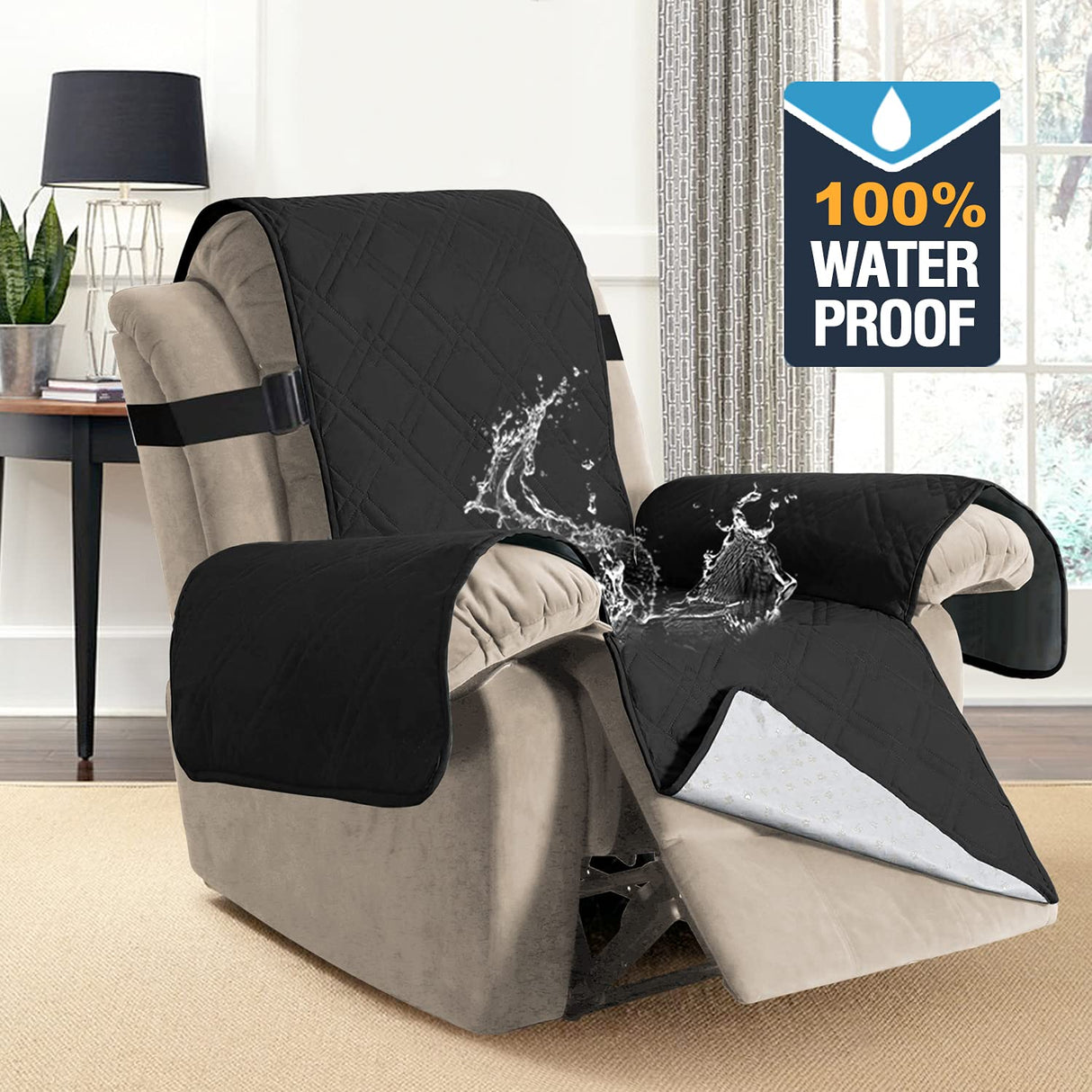 H.VERSAILTEX 100% Waterproof Recliner Chair Cover Non-Slip Reclining Cover for Recliner Chair Washable Dog Chair Cover Stay in Place Ideal Furniture Protector with Elastic Straps (Recliner, Black)