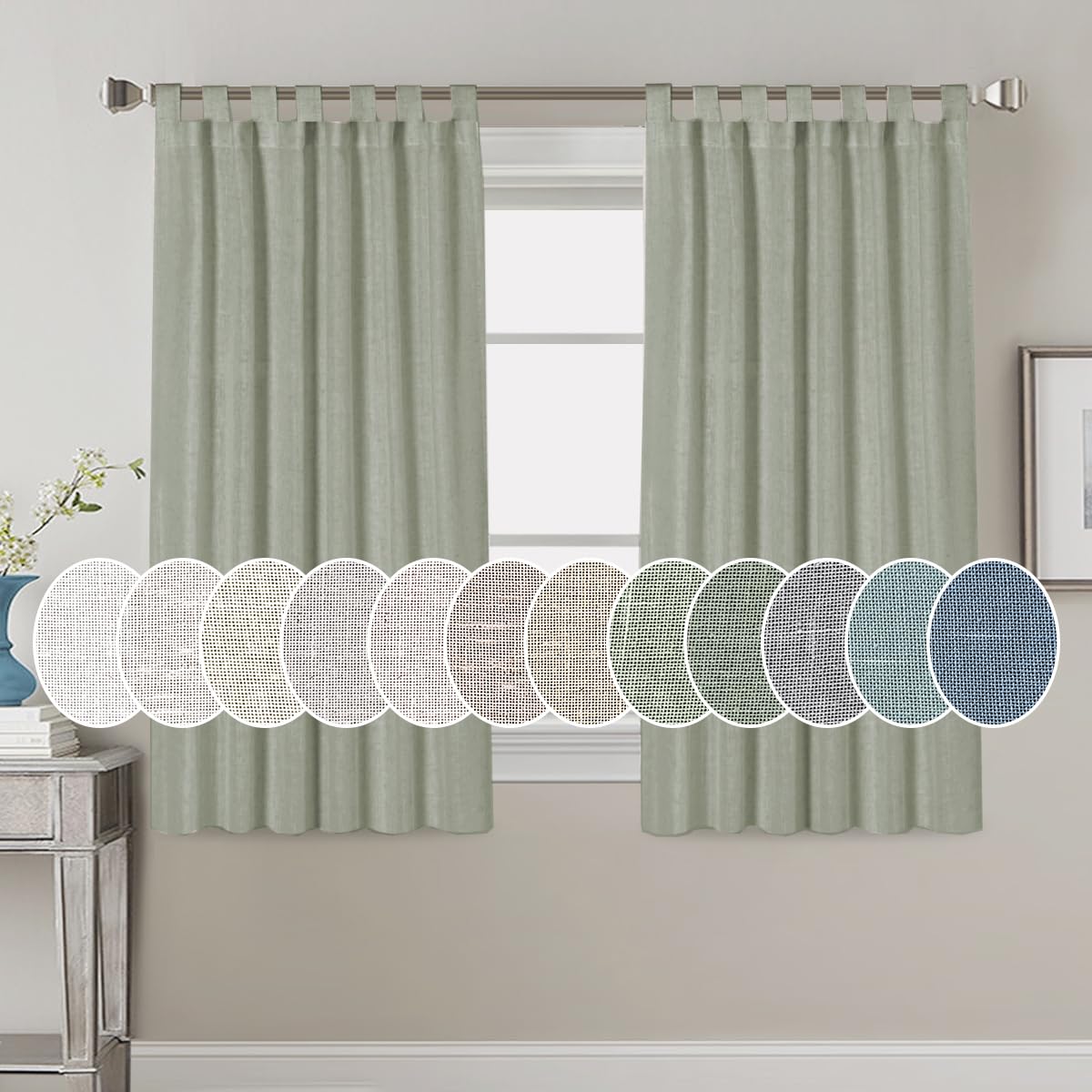 PrimeBeau Natural Linen Mix Tab Top Curtains, Light Filtering Panels (Set of 2)