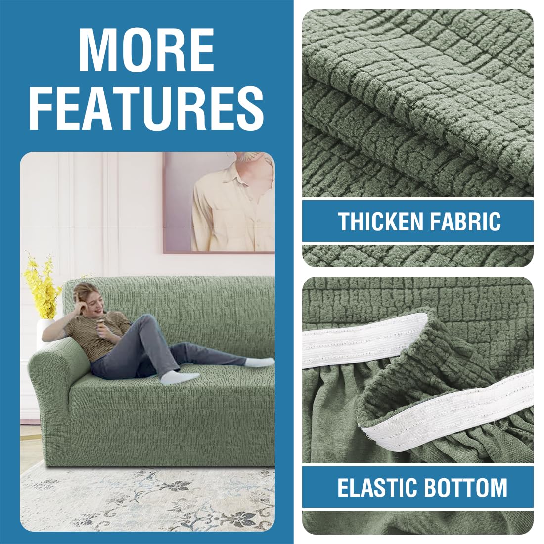 H.VERSAILTEX 2024 Newest Jacquard Couch Covers for 3 Cushion Couch 1 Piece Stretch Sofa Covers Furniture Protector Anti-Slip Soft Thickened Dogs Slipcovers Washable Crizzle Pattern(Sofa, Sea Grass)