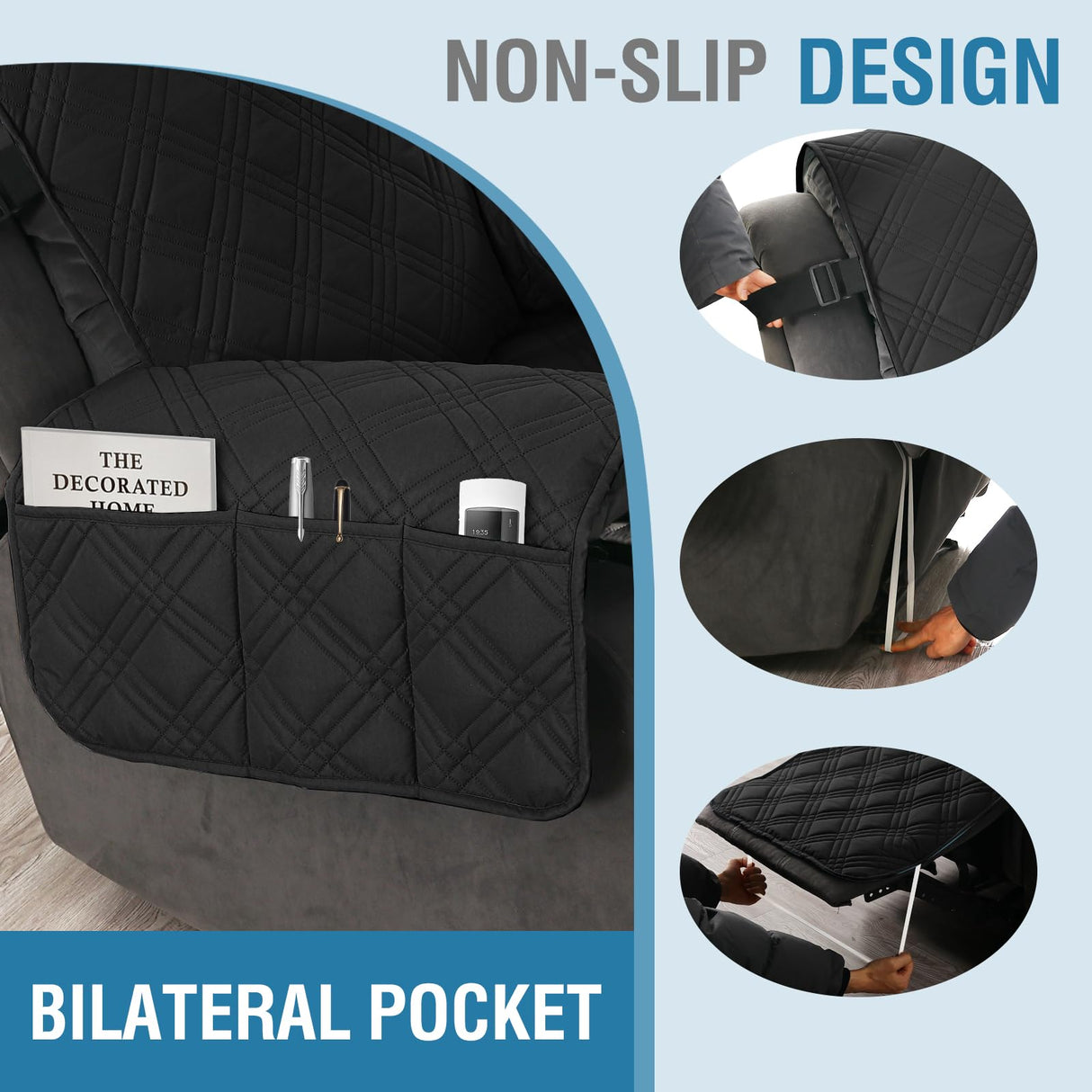 H.VERSAILTEX 100% Waterproof Couch Covers for Reclining Couches Reversible Recliner Chair Covers Furniture Protector with Elastic Straps for Pets Kids Sitting Width Up to 23" (Recliner, Black/Beige)