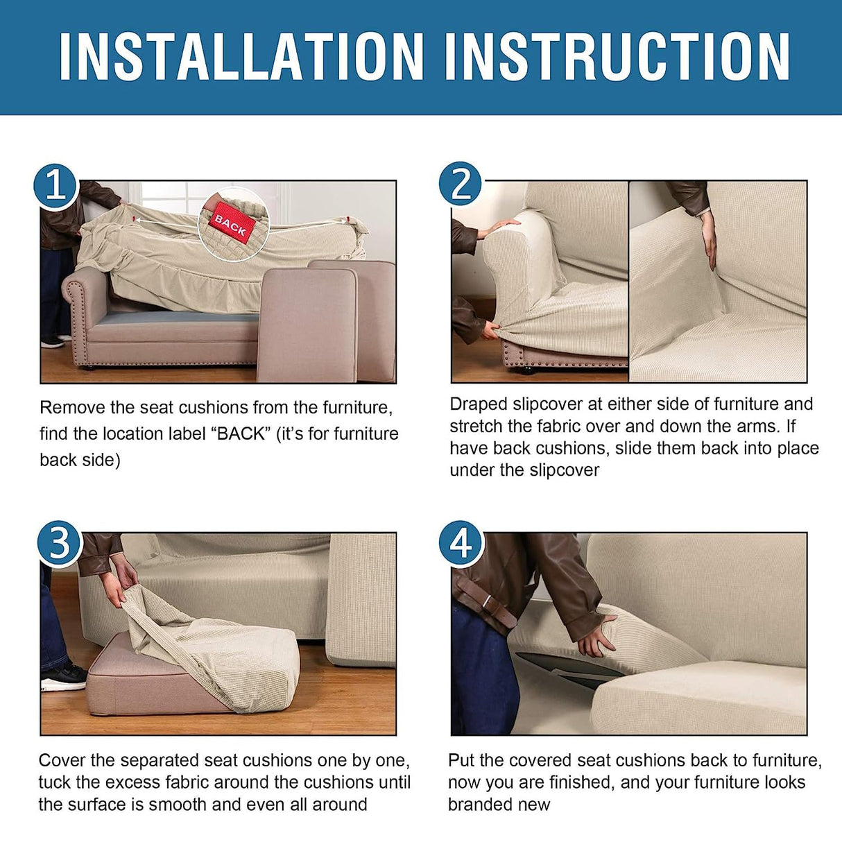 H.VERSAILTEX 4 Piece Stretch Sofa Covers for 3 Cushion Couch Covers Furniture Slipcovers for Living Room (1 Base Cover Plus 3 Seat Cushion Covers) Thicker Jacquard Fabric Cover (XL Sofa, Natural)