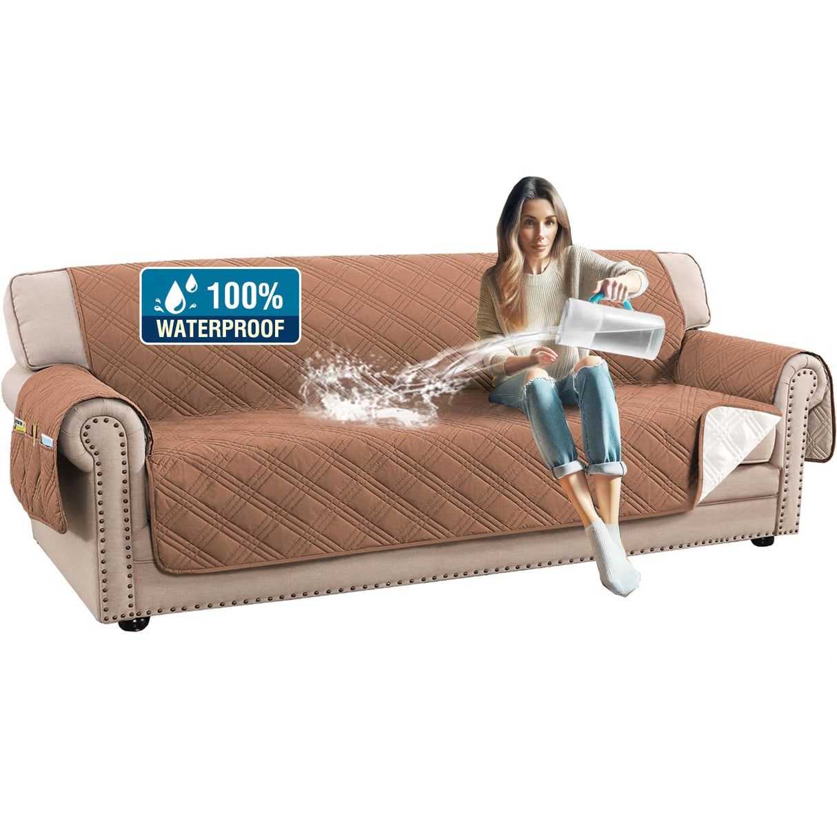 PrimeBeau 100% Waterproof Sofa Covers Washable,Thick Soft Couch Cover for Dogs with Elastic Straps (Sofa & Oversize Sofa, Diamond Shape)