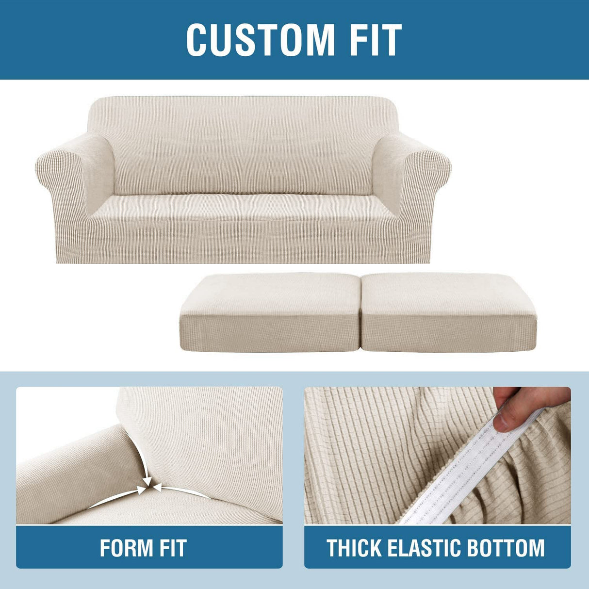 H.VERSAILTEX 3 Piece Stretch Sofa Covers for 2 Cushion Sofa Couch Covers for Living Room Sofa Slipcovers (Base Cover Plus 2 Seat Cushion Covers) Thicker Jacquard Fabric(Large Sofa, Island Fossi)