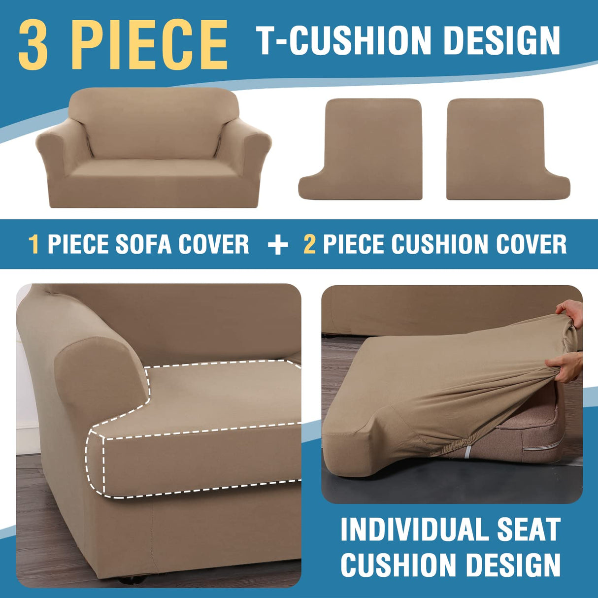 PrimeBeau 3 Pieces T Cushion Loveseat Slipcovers Couch Cover for 2 Cushion Couch Non Slip Super Stretch Soft Washable Furniture Protector with 2 Individual T Cushion Covers