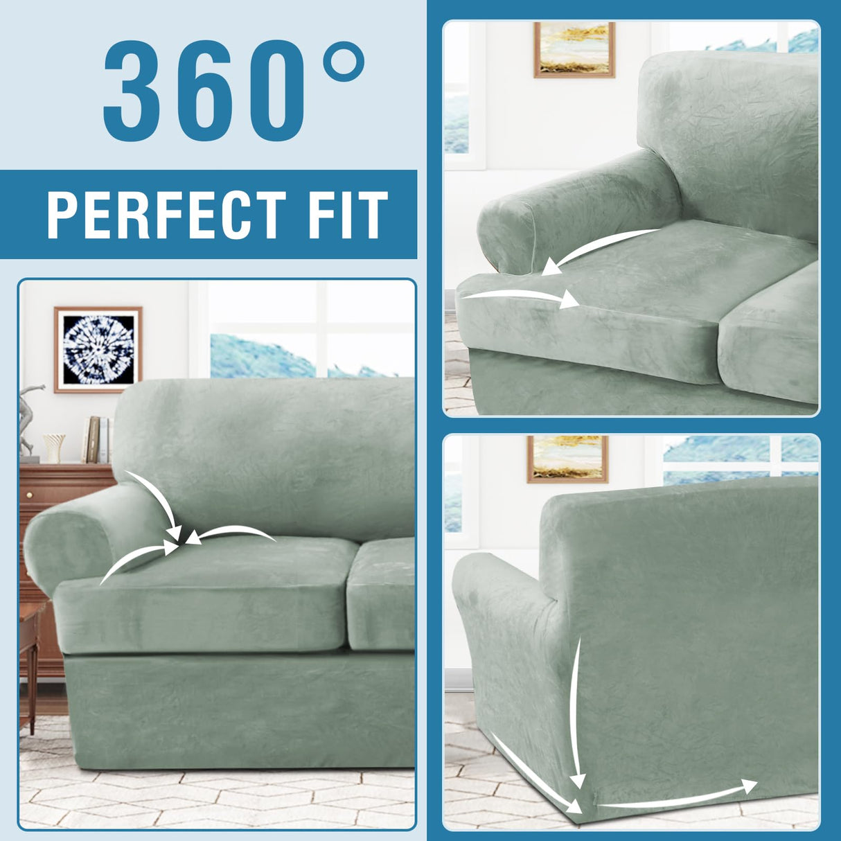 PrimeBeau 2 Piece Armchair Slipcovers Thick Velvet Couch Cover Furniture Protector Stretch Sofa Covers for 1 Cushion Couch with 1 Individual T Cushion Covers Washable