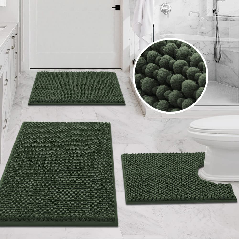 PrimeBeau 3-Piece Aqua Foam Bathroom Rugs Set | Non-Slip, Extra Absorbent Bath Mats for Tub & Shower | Soft Chenille, Vibrant Decor & Easy Care | 17''x24''+20''x32''+20''x24'' U-Shaped