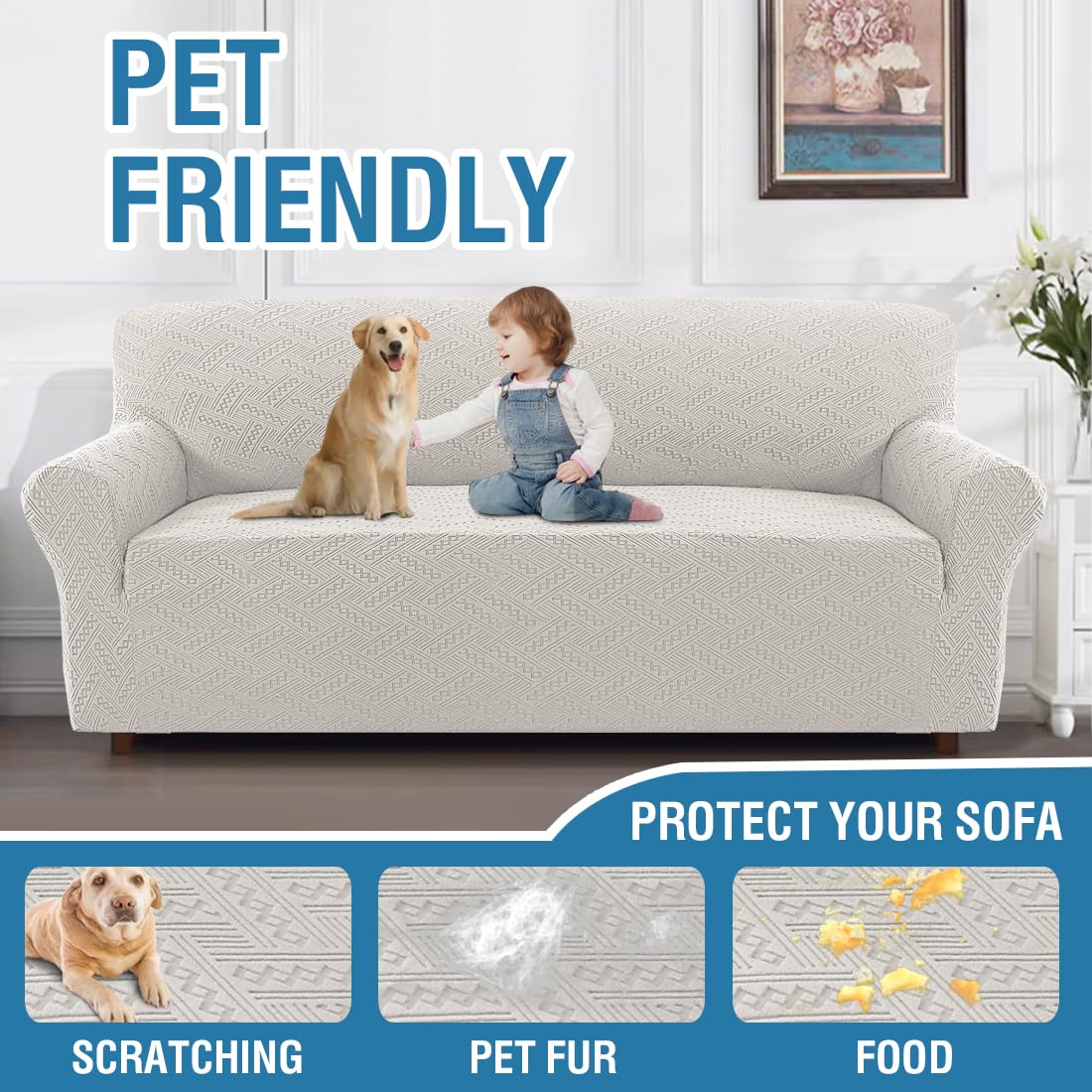 H.VERSAILTEX 2024 Newest Jacquard Couch Covers for 3 Cushion Couch 1 Piece Stretch Sofa Covers Furniture Protector Anti-Slip Soft Thickened Dogs Slipcovers Washable Wind Bell Pattern(Sofa, Pale Oak)