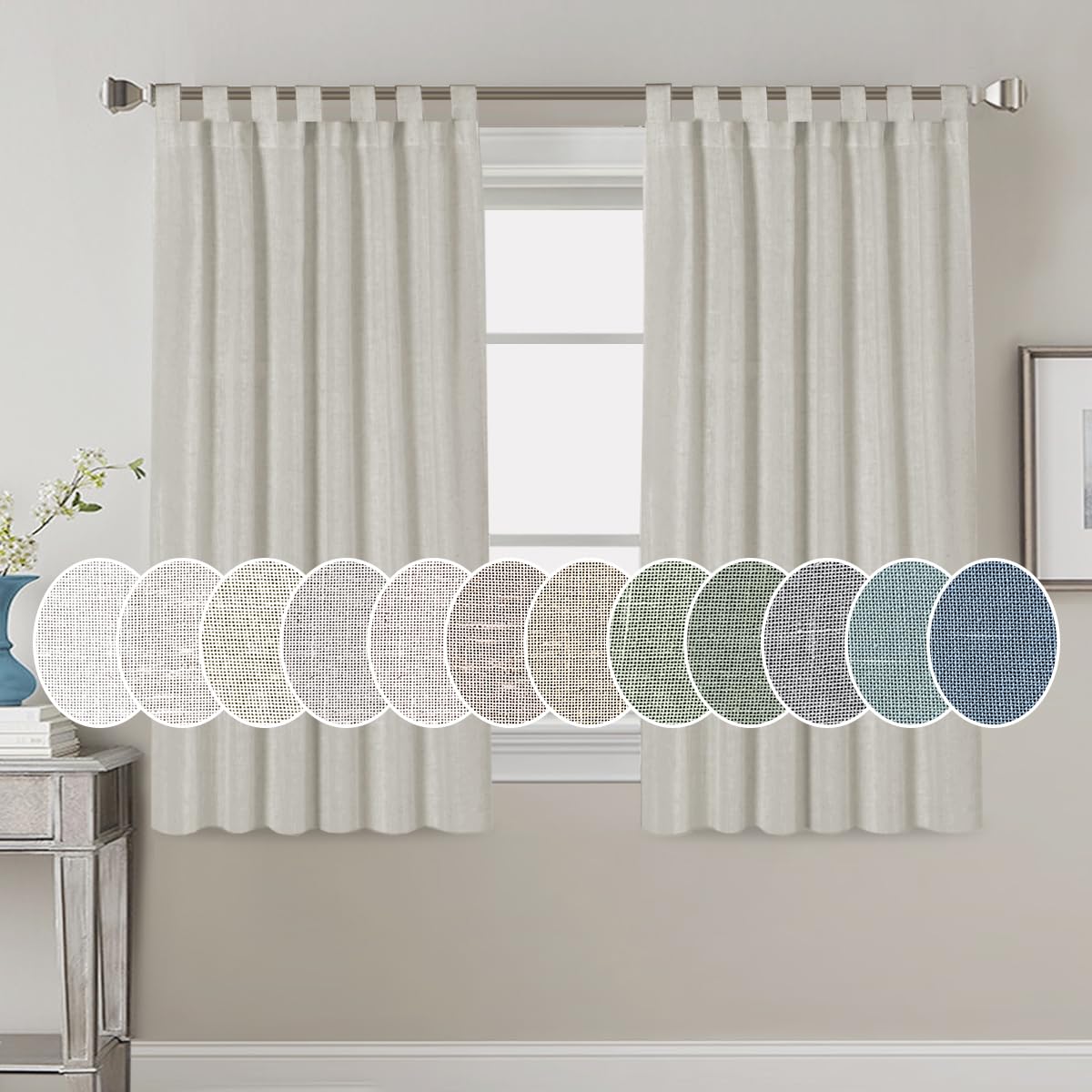PrimeBeau Natural Linen Mix Tab Top Curtains, Light Filtering Panels (Set of 2)