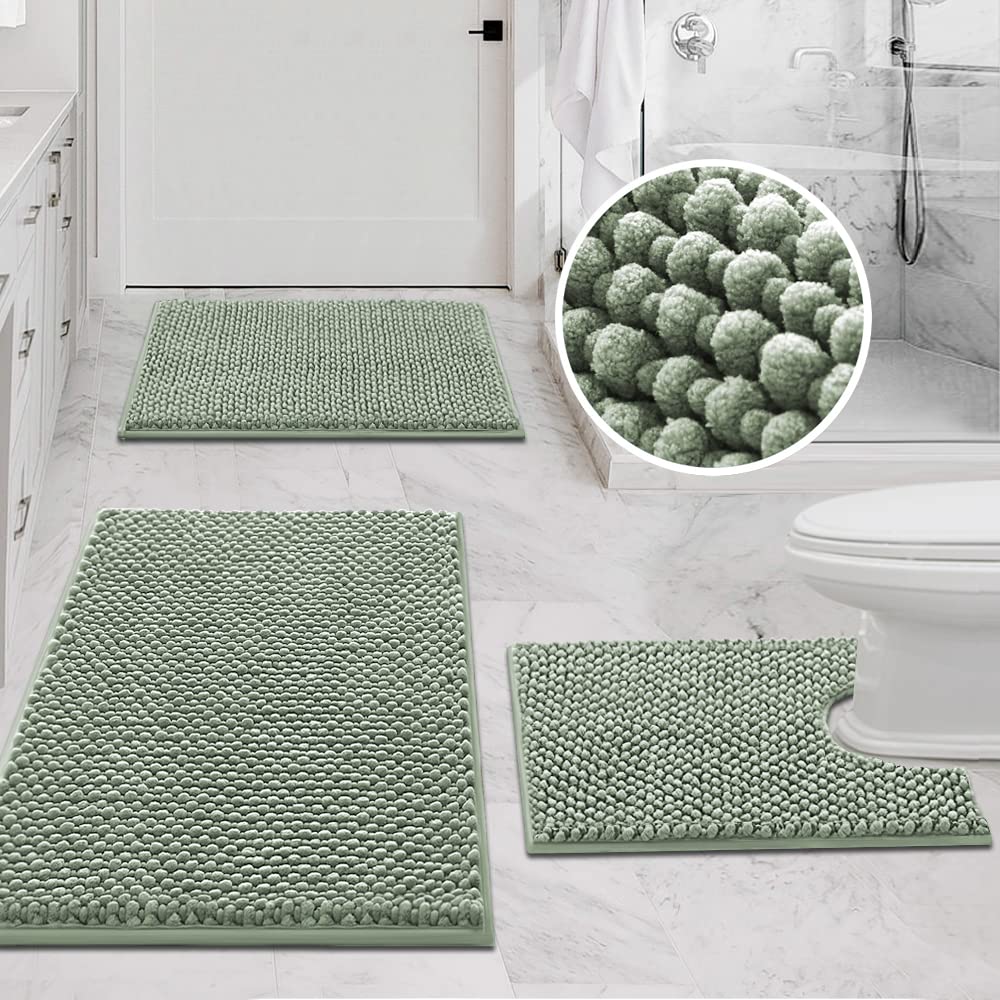 PrimeBeau 3-Piece Aqua Foam Bathroom Rugs Set | Non-Slip, Extra Absorbent Bath Mats for Tub & Shower | Soft Chenille, Vibrant Decor & Easy Care | 17''x24''+20''x32''+20''x24'' U-Shaped