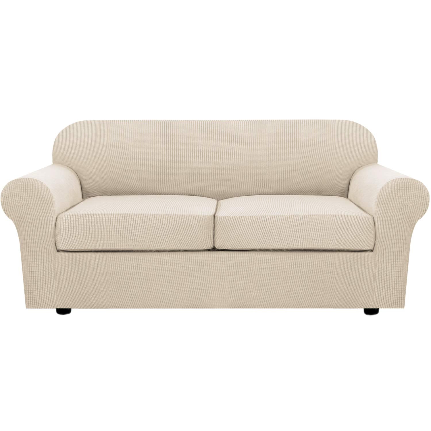 H.VERSAILTEX 3 Piece Stretch Sofa Covers for 2 Cushion Sofa Couch Covers for Living Room Sofa Slipcovers (Base Cover Plus 2 Seat Cushion Covers) Thicker Jacquard Fabric(Large Sofa, Natural)