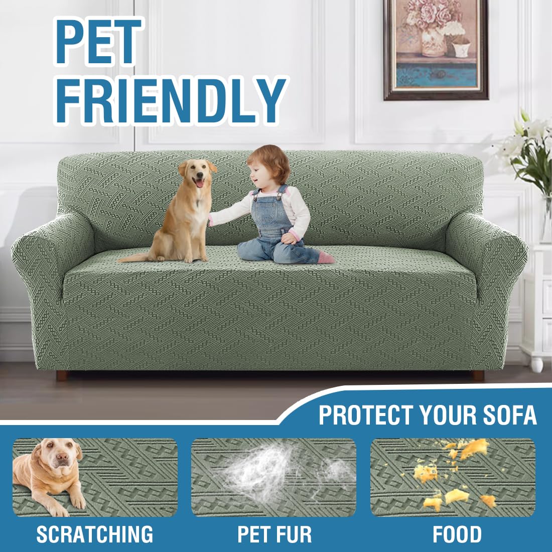 H.VERSAILTEX 2024 Newest Jacquard Couch Covers for 3 Cushion Couch 1 Piece Stretch Sofa Covers Furniture Protector Anti-Slip Soft Thickened Dogs Slipcovers Washable Wind Bell Pattern(Sofa, Sea Grass)