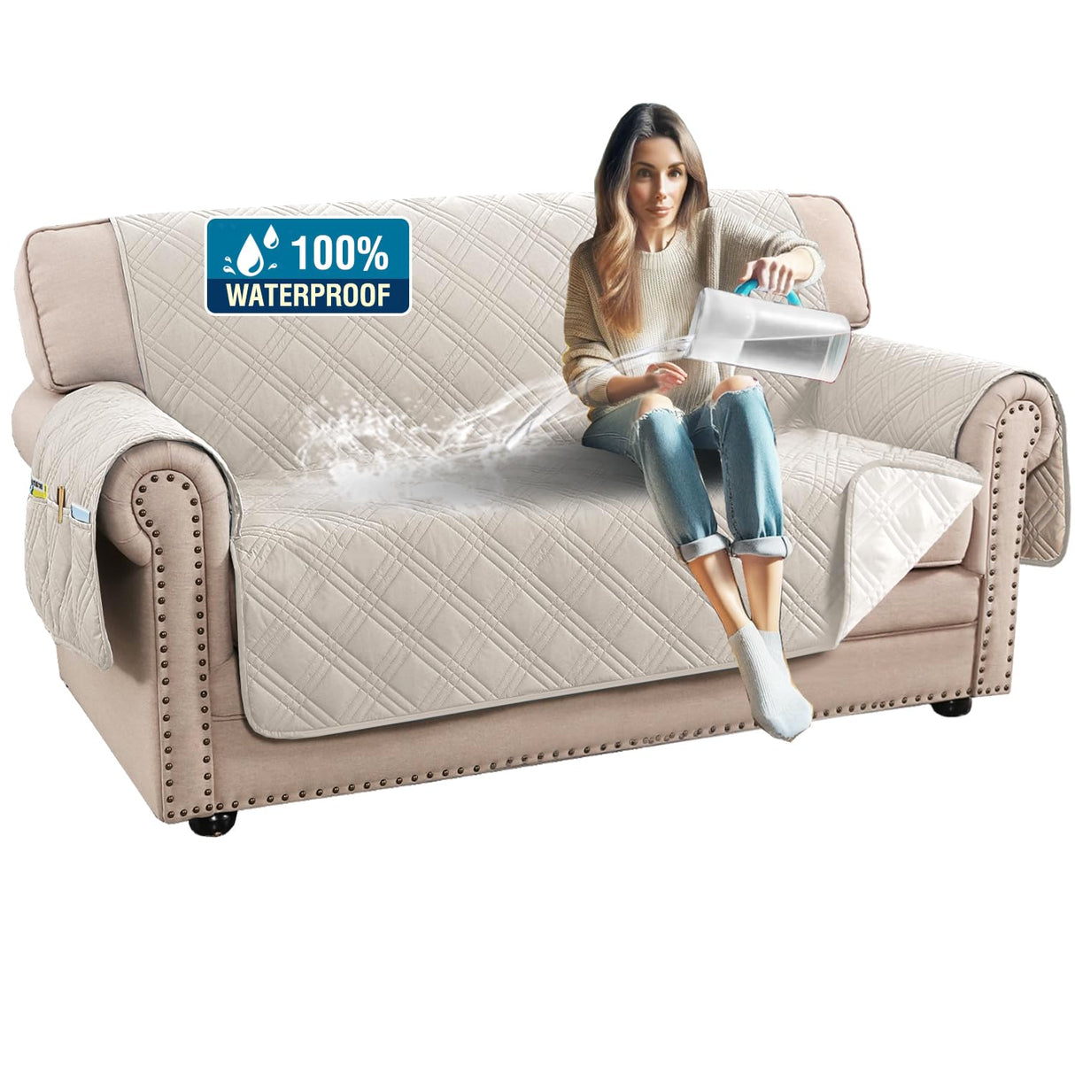 PrimeBeau 100% Waterproof Loveseat Covers Washable,Thick Soft Couch Cover for Dogs with Elastic Straps (Loveseat, Diamond Shape)