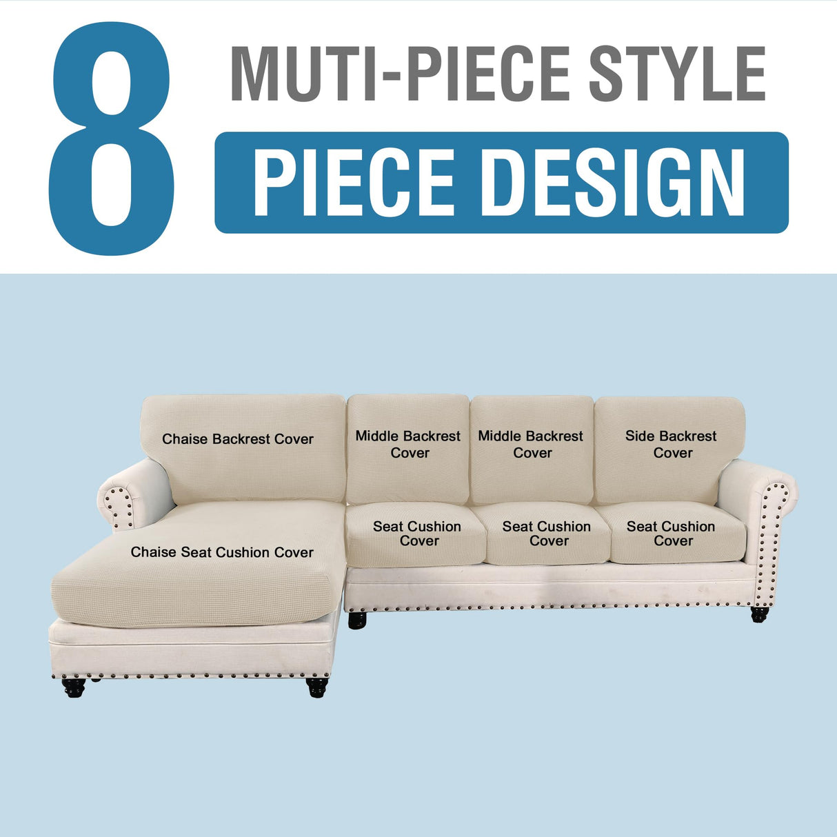 PrimeBeau 2024 New Sectional Couch Covers 8 Pieces Stretch Sofa Covers for Sectional Sofa Set Separate L Shaped Couch Cover for Both Left/Right Couch (Seat and Back: 1 Chaise for Sofa)