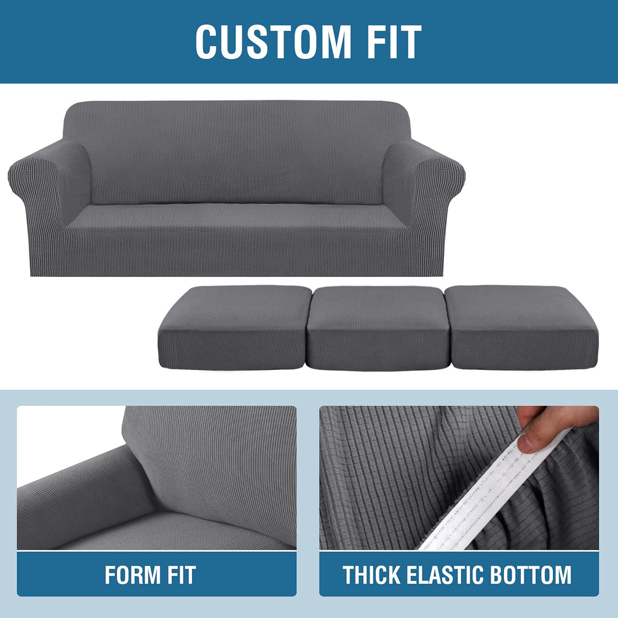 H.VERSAILTEX 4 Piece Stretch Sofa Covers for 3 Cushion Couch Covers for Living Room Furniture Slipcovers (Base Cover Plus 3 Seat Cushion Covers) Upgraded Thicker Jacquard Fabric (Sofa, Grey)