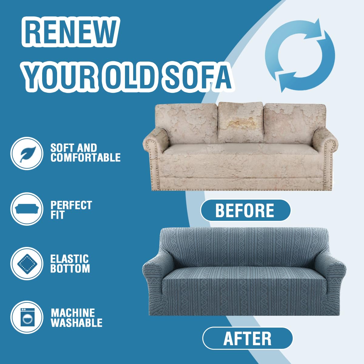 PrimeBeau Spiral Jacquard Couch Covers for 3 Cushion Couch - Set of 5 | Anti-Slip Furniture Protector