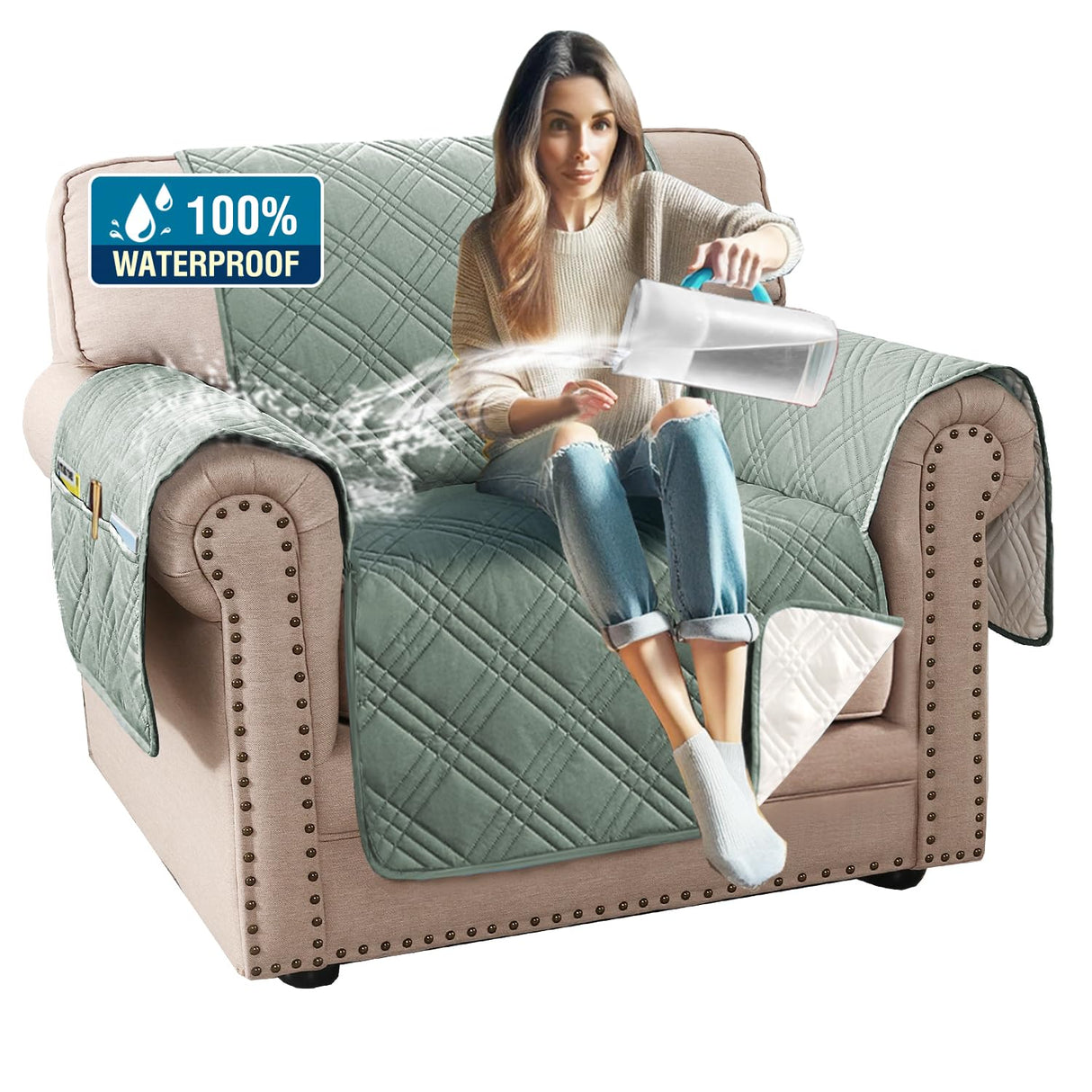 PrimeBeau 100% Waterproof Armchair Covers Washable,Thick Soft Couch Cover for Dogs with Elastic Straps (Armchair, Diamond Shape)