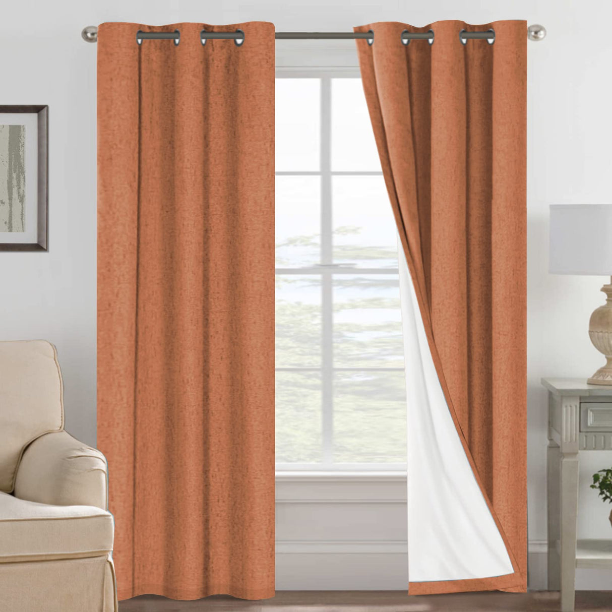 H.Versailtex Linen Blackout Thermal Insulated White Liner Grommet Top Small Window Curtains