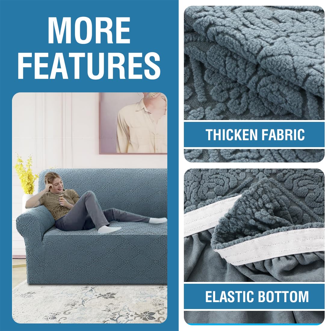 H.VERSAILTEX 2024 Newest Jacquard Couch Covers for 3 Cushion Couch 1 Piece Stretch Sofa Covers Furniture Protector Anti-Slip Soft Thickened Dogs Slipcovers Washable Damask Pattern(Sofa, Stone Blue)