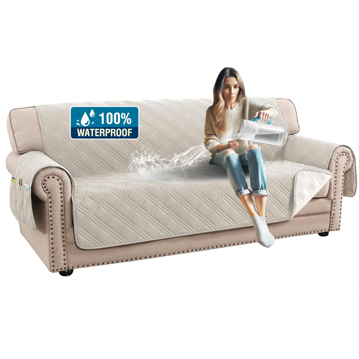 PrimeBeau 100% Waterproof Sofa Covers Washable,Thick Soft Couch Cover for Dogs with Elastic Straps (Sofa & Oversize Sofa, Diamond Shape)