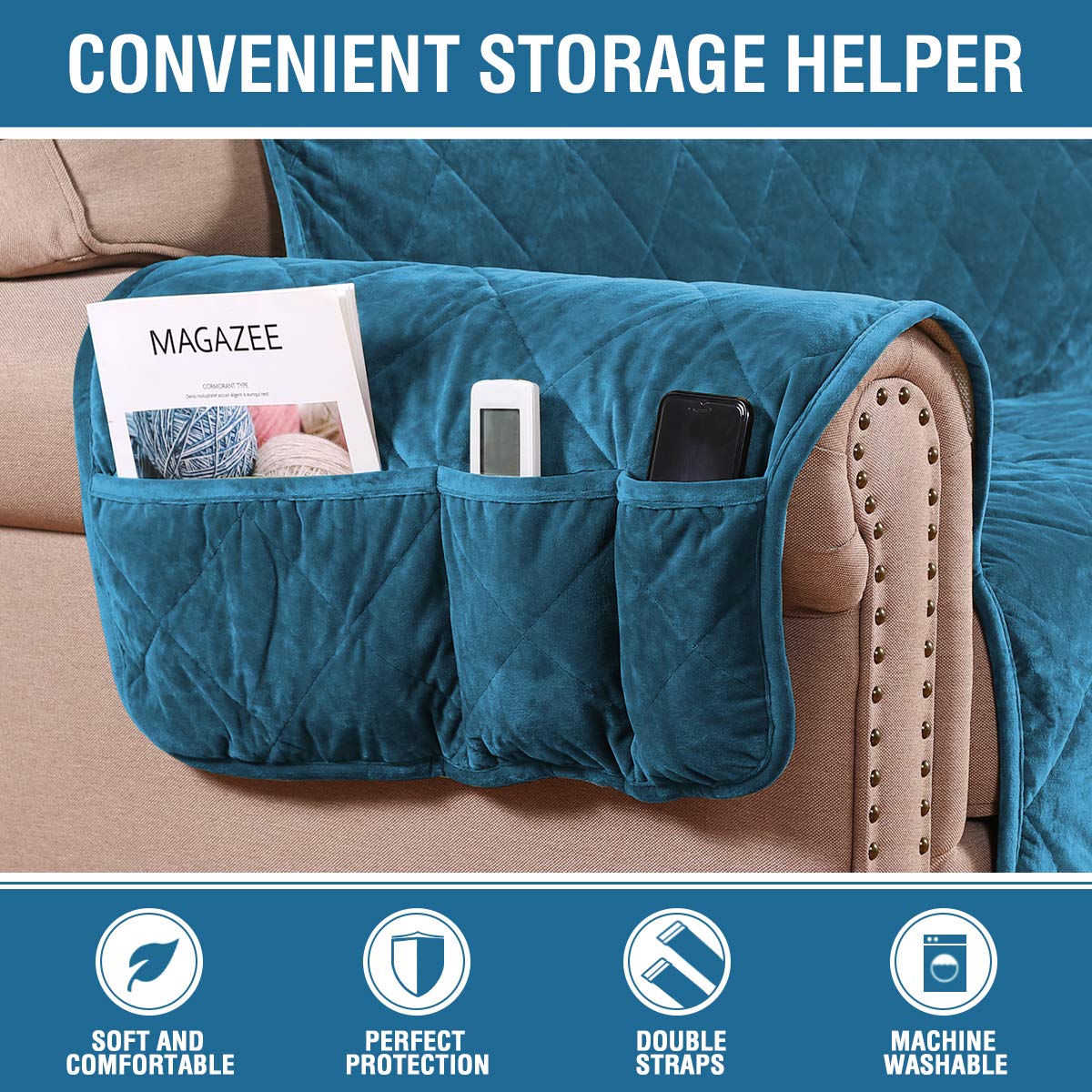 H.VERSAILTEX Thick Velvet Recliner Covers for Recliner Chair Covers Reclining Chair Slipcover Recliner Couch Cover with Non Slip Backing and Wider Elastic Strap (Oversaized Recliner, Peacock Blue)