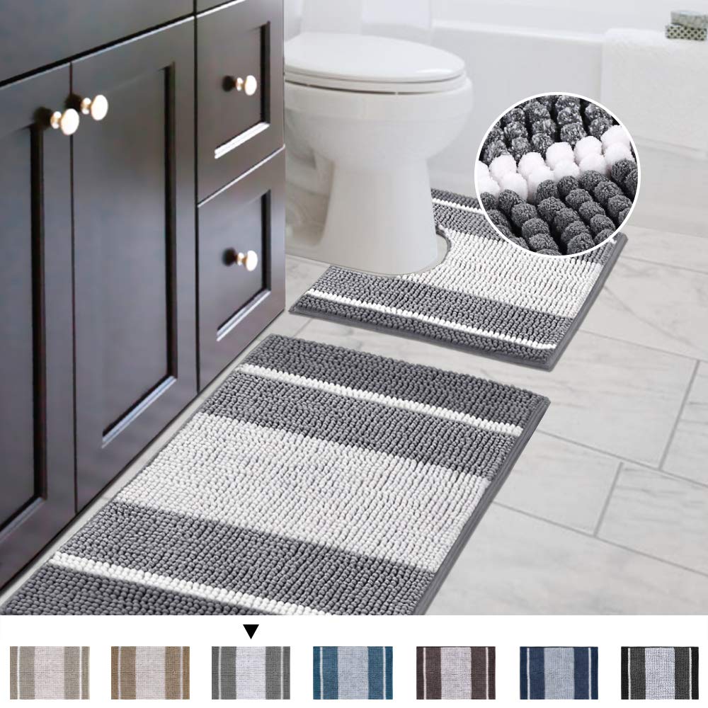 PrimeBeau Bath Rug Set 2 Piece for Bathroom Bath Mats Non Slip Bouncy Chenille Ombre Dyeing Bath Rugs Rectangle, Water Absorbent Striped Shag Mats