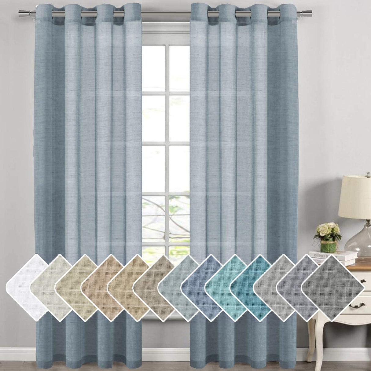 PrimeBeau Faux Linen Grommet Sheer Curtains - Set of 2 Panels 52 Series Long