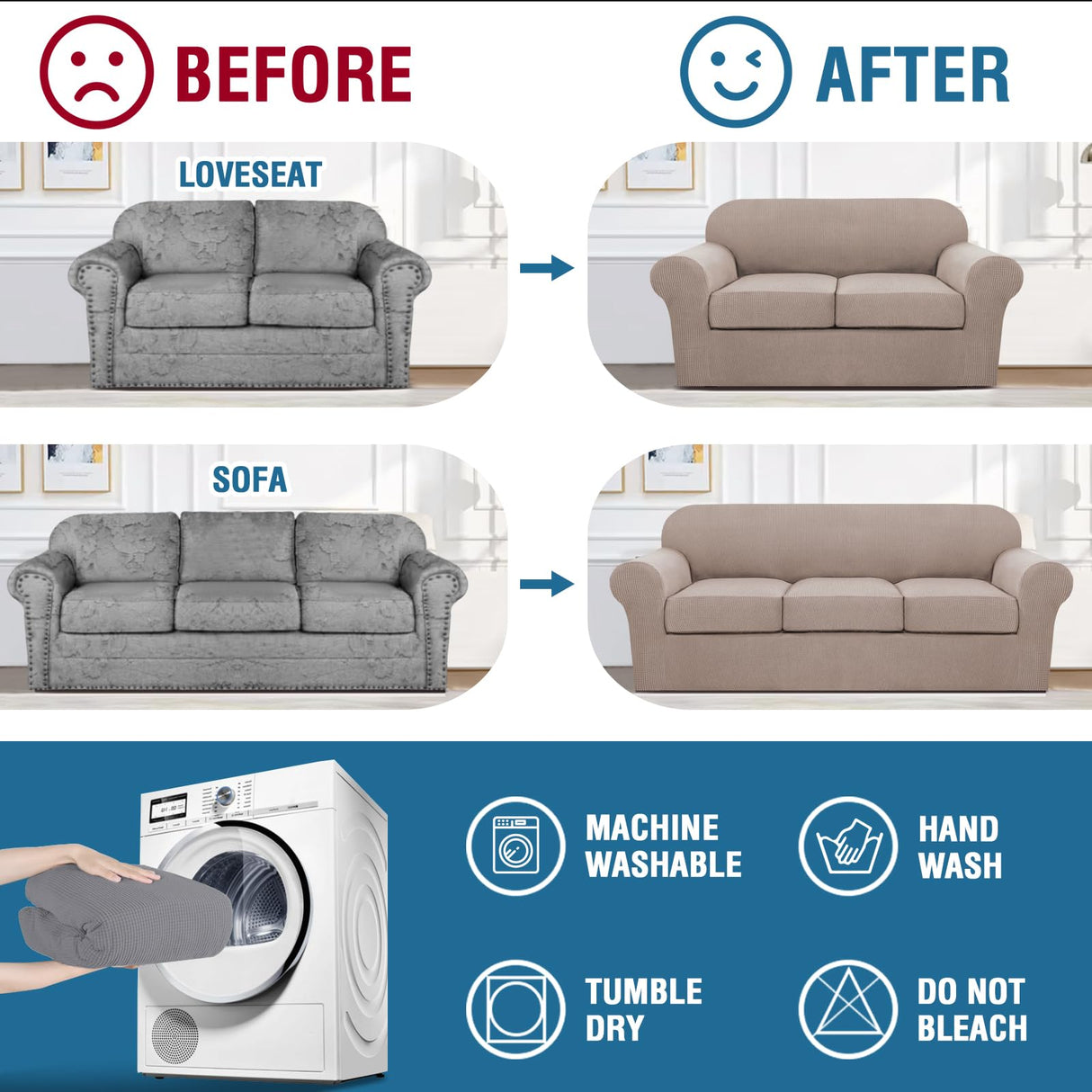 PrimeBeau Couch Cover Sets for Sofa Plus Loveseat, Stretch 4 Piece Sofa Covers for 3 Cushion Couch/3 Piece Loveseat Covers for 2 Cushion Couch with Thicker Jacquard Fabric(Total 7 Pieces)