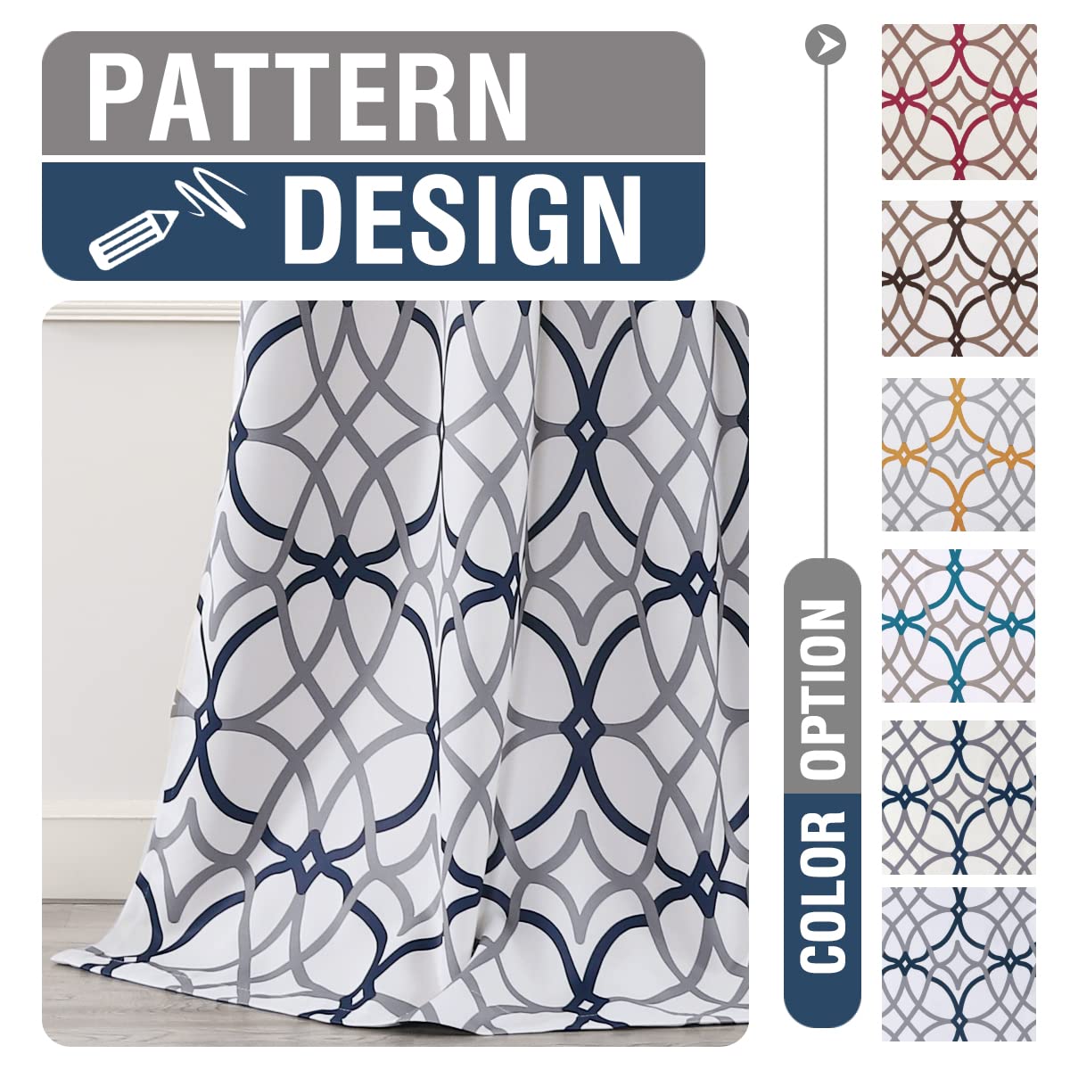 H.VERSAILTEX Blackout Curtains Printed Design for Bedroom 84 Inch Length 2 Panels Set Thermal Insulated Curtains Living Room Geometric Modern Grommet Window Drapes - Dark Denim and Grey