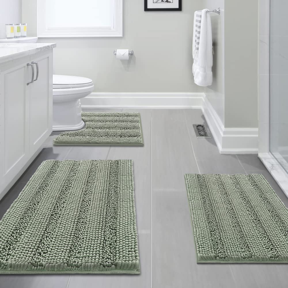 PrimeBeau 3 Piece Thick Striped Bathroom Rugs Set Non Slip Absorbent Soft Bath Mat (17''x24''+20''x32''+20''x24'' U-Shaped)